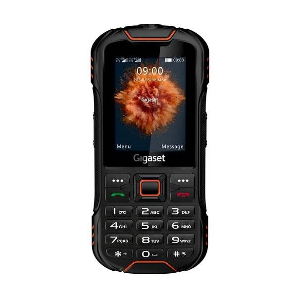 Frontansicht eines robusten Gigaset-Mobiltelefons mit einem 09:00-Startbildschirm, Gigaset-Branding und physikalischer Tastatur.