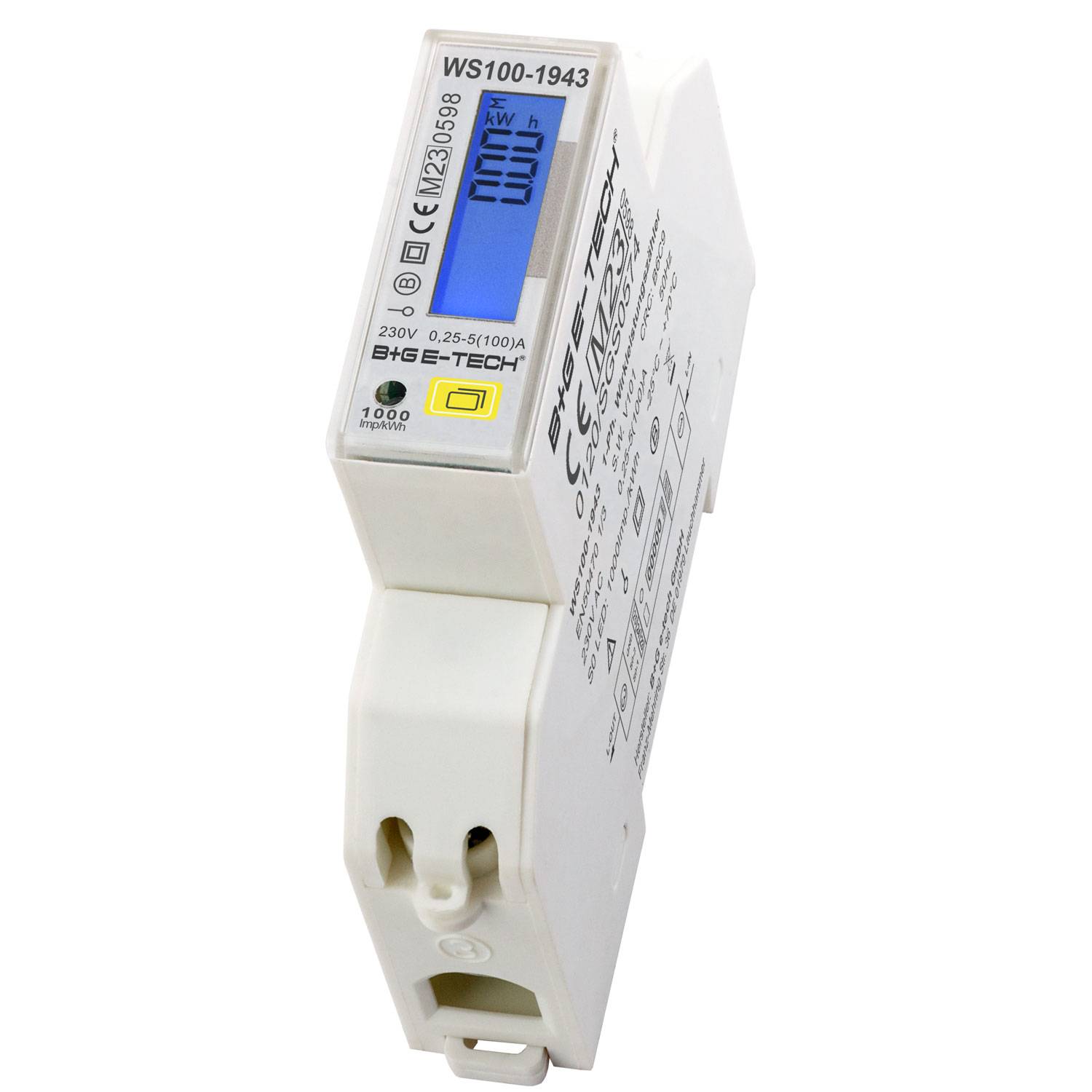 Ein weißes digitales Energiemessgerät, das den Stromverbrauch in Kilowattstunden (kWh) anzeigt, mit Beschriftungen und Tasten auf der Vorderseite.