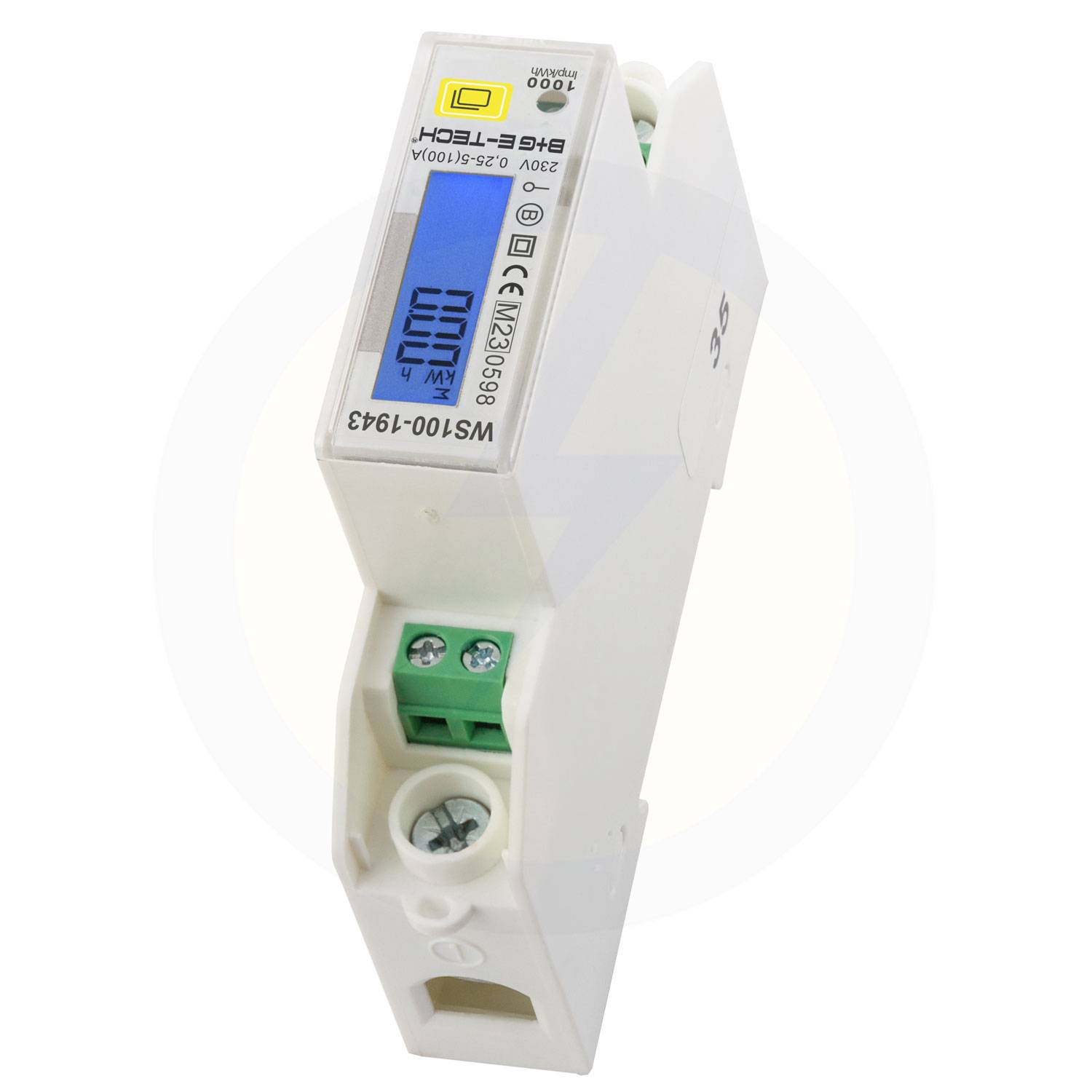 ELEC-TECH' Einphasen-Wattmeter, Modell WS100-1943, zeigt '1000 W' auf einem kleinen Display an und verfügt über Schraubklemmen für die Verkabelung.