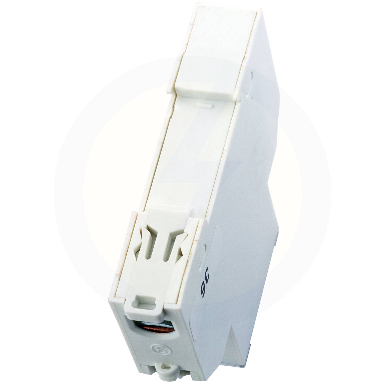 Ein weißer elektrischer Schalter oder Relais mit rechteckiger Form, konstruiert zur Montage auf einer DIN-Schiene, zeigt eine Seitenprofilansicht.