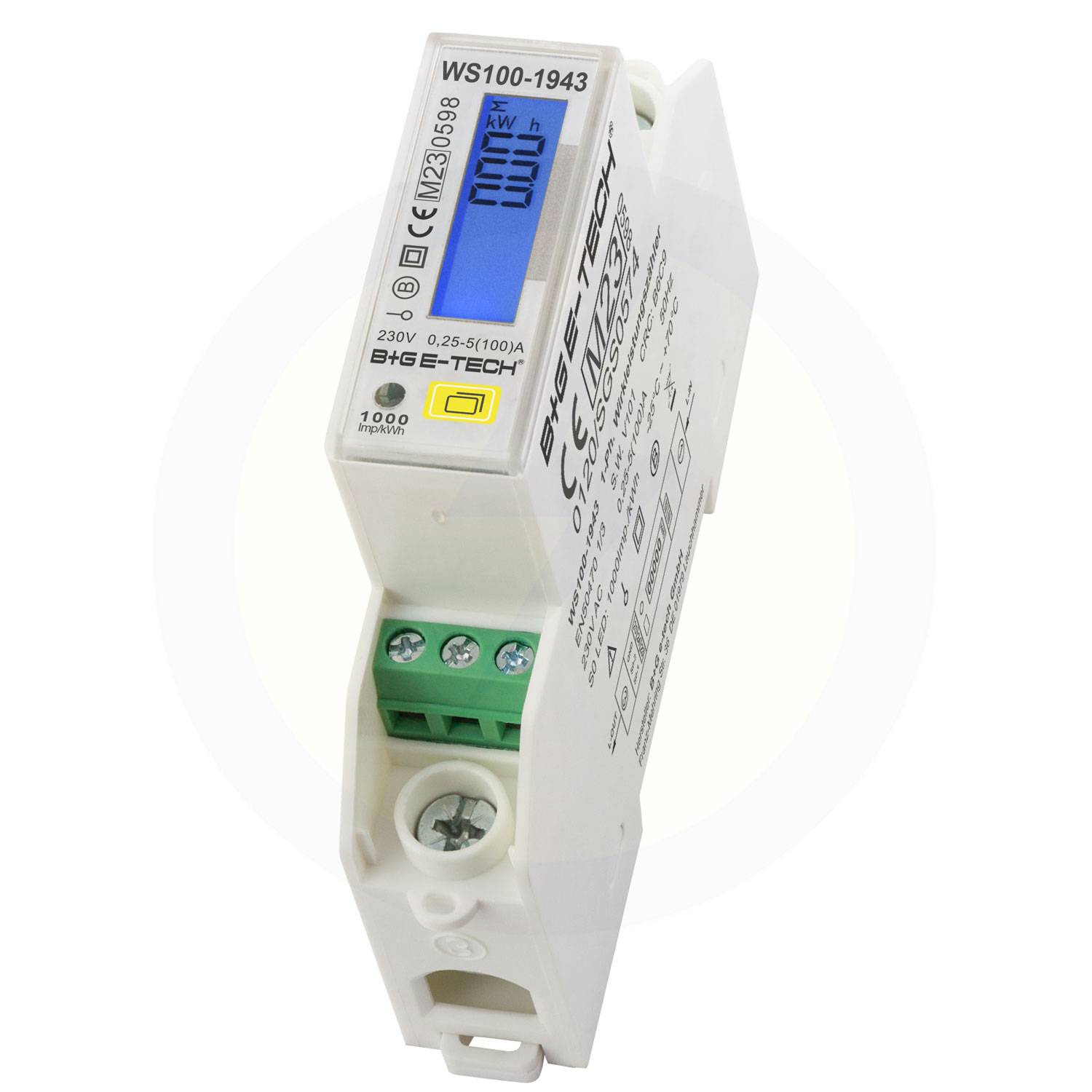 Digitales Strommessgerät mit Anzeige von Spannungs- und Stromwerten, in einem weißen Gehäuse untergebracht, mit sichtbaren Anschlüssen und gekennzeichneten Spezifikationen.