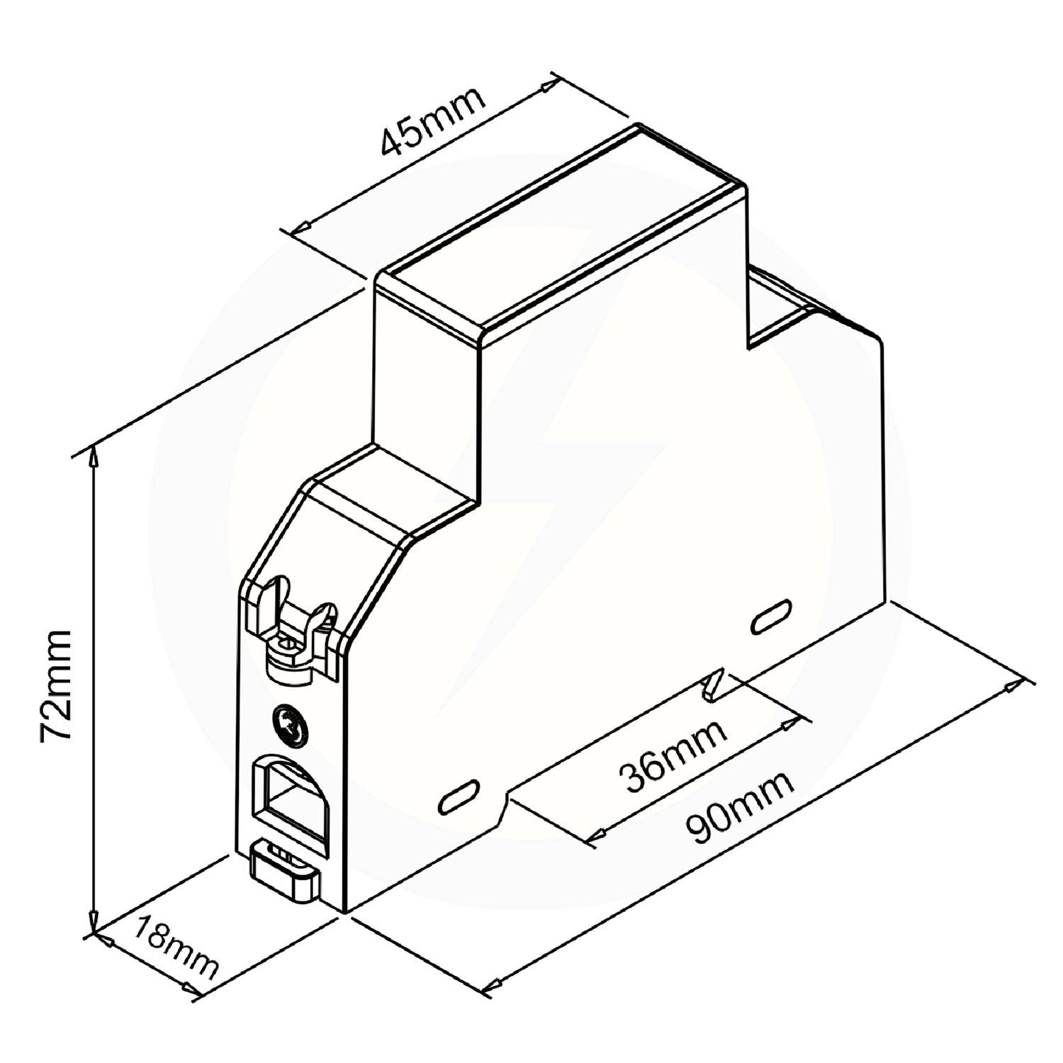 Diagramm einer rechteckigen Gerätehalterung mit Abmessungen: 45 mm breit, 72 mm hoch und 90 mm tief, gekennzeichnet mit 18 mm und 36 mm Segmenten.