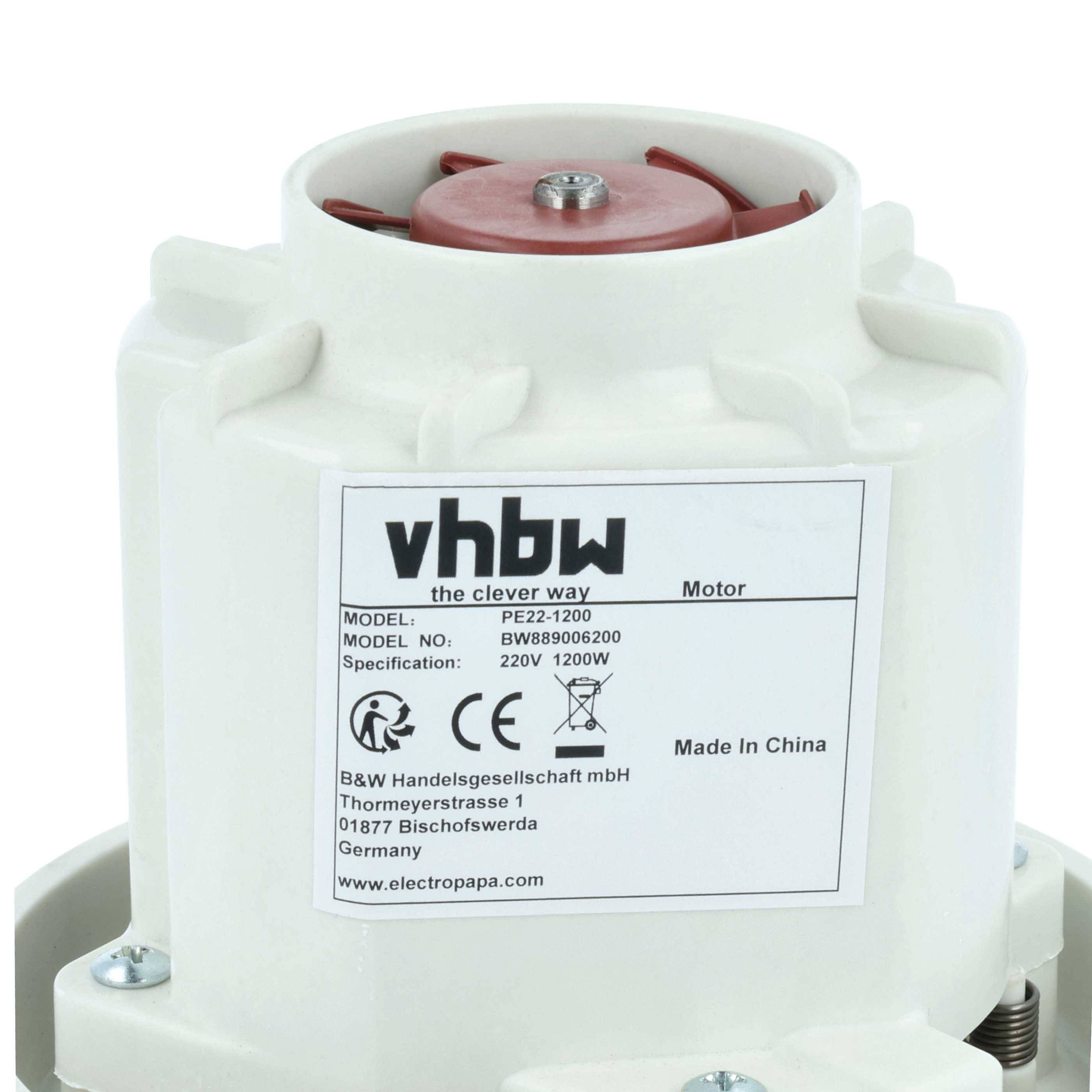 Elektromotor mit einem Etikett, das das Branding 'vbw' zeigt. Modell: PE2-1200. Spannung: 220V/1200W. Hergestellt von B& W Handelsgesellschaft mbH, Deutschland.