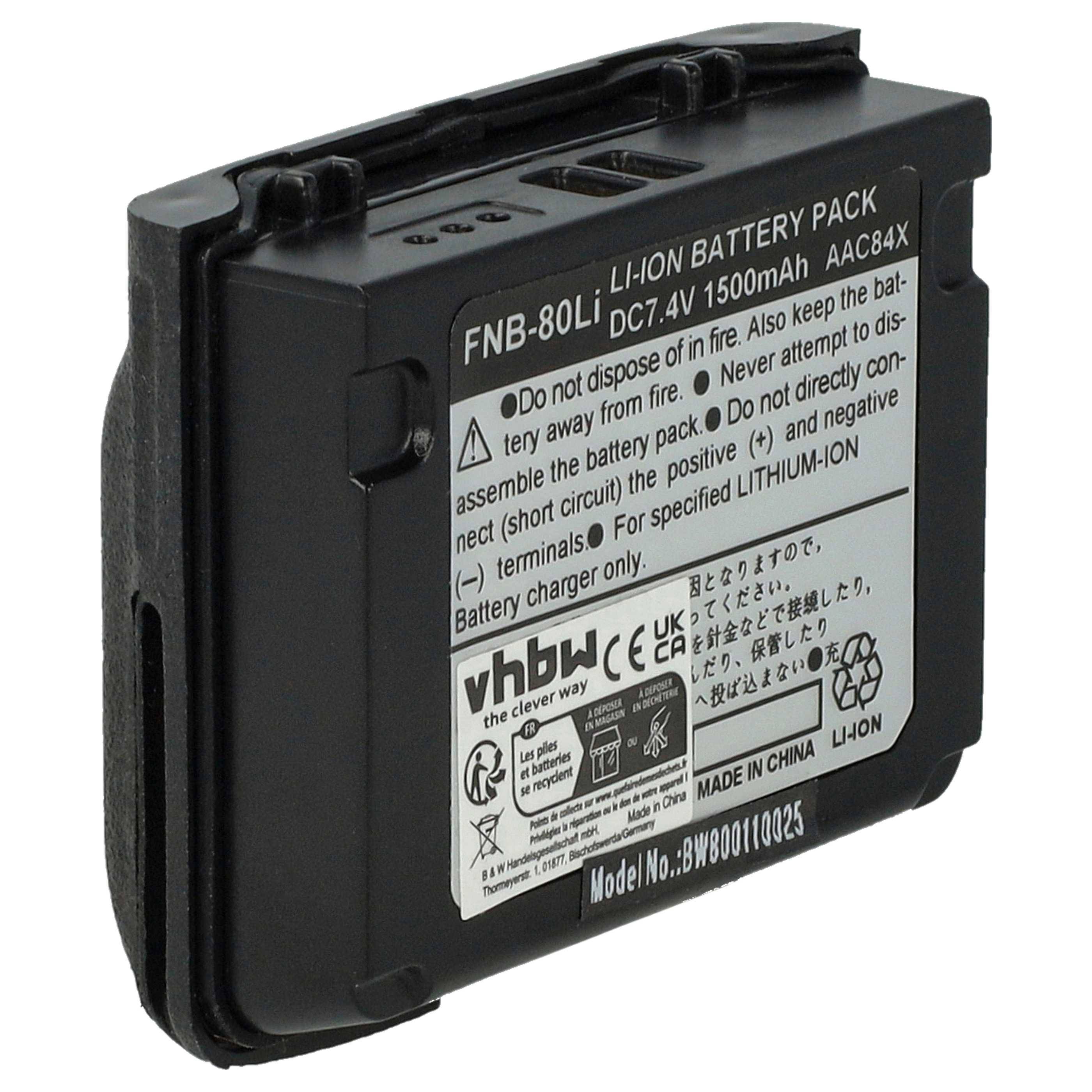 vhbw Akku Ersatz für Vertex Yaesu FNB-V80li, FNB-80Li für Funkgerät, Walkie Talkie (1500 mAh, 7,4 V, Li-Ion)
