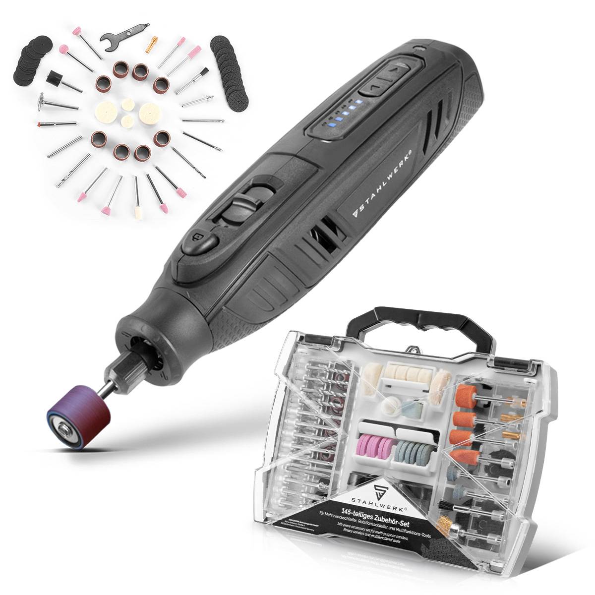 Schnurloses Rotationswerkzeug-Set mit verschiedenen Aufsätzen und Tragekoffer, geeignet für detaillierte Handwerkstätigkeiten und Gravurarbeiten.