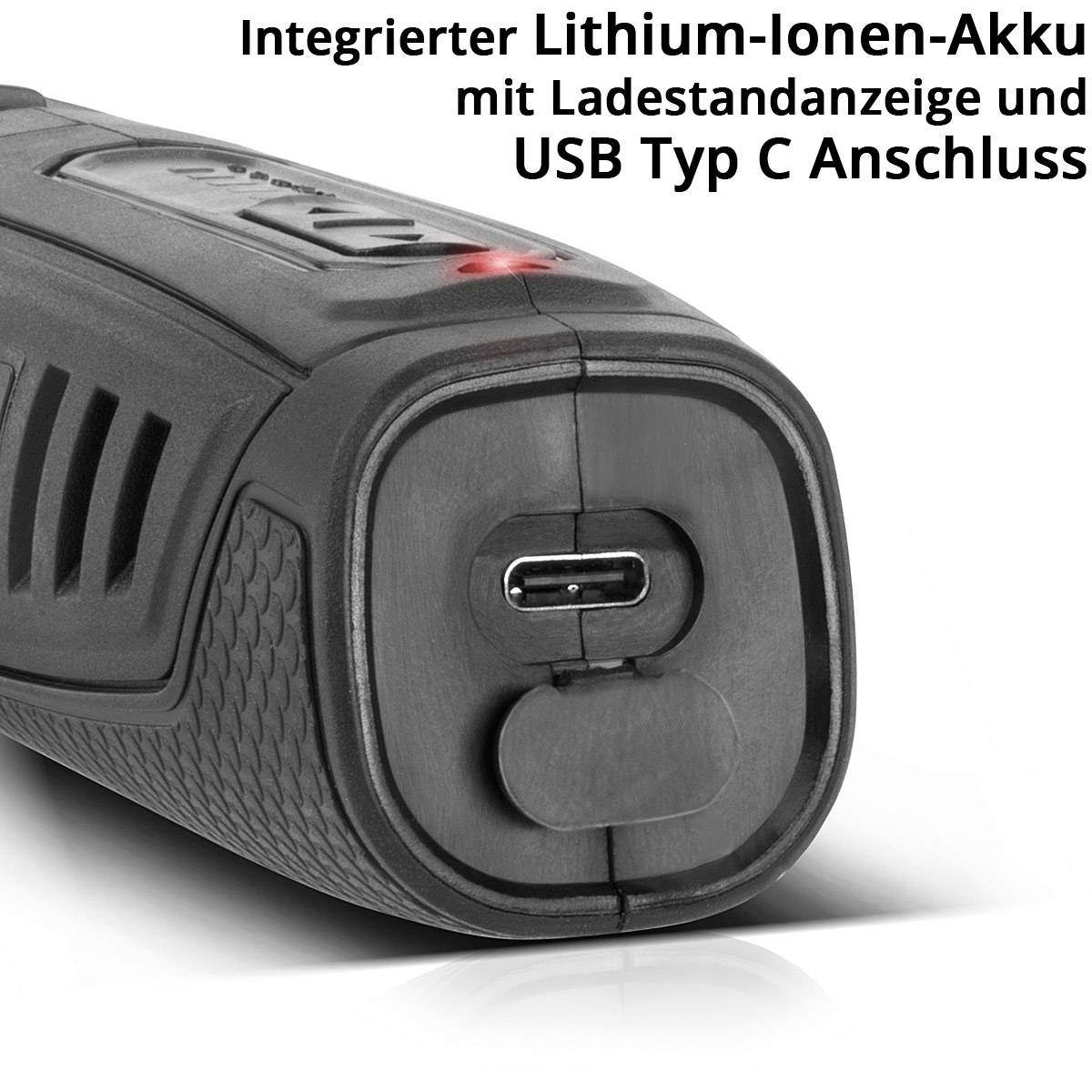 Nahaufnahme eines Geräts mit Text „integrierter Lithium-Ionen-Akku mit Ladestandanzeige und USB Typ C Anschluss