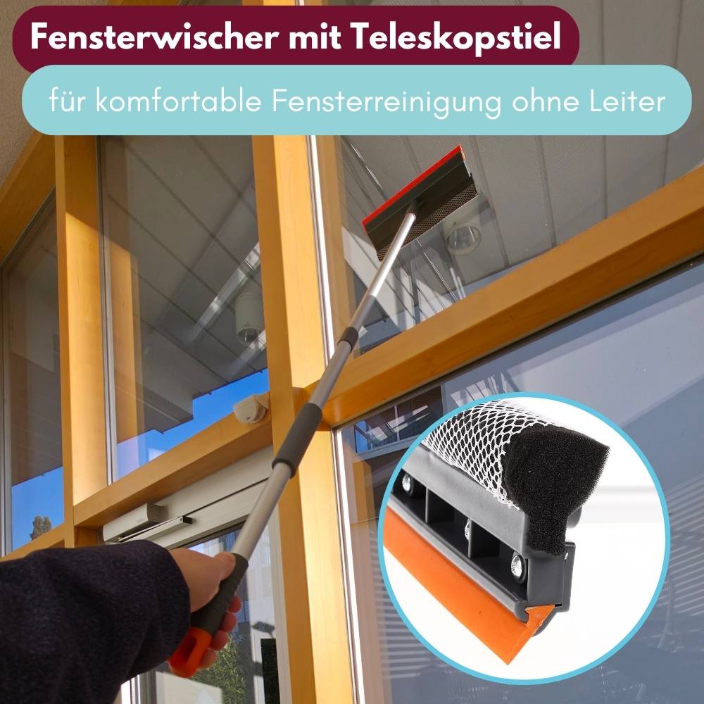 Ein Teleskop-Fensterreiniger wird verwendet, um ein hohes Fenster ohne Leiter zu reinigen. Die Vergrößerung zeigt ein Nahaufnahme des Designs des Reinigungskopfes.