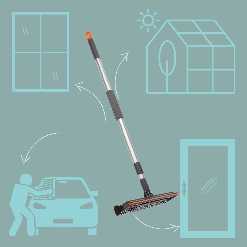 Ein Reinigungswerkzeug mit langem Griff und angebrachter Bürste wird gezeigt. Pfeile zeigen auf Haushaltsgegenstände wie ein Fenster, eine Tür und ein Auto und deuten auf deren Verwendung hin.