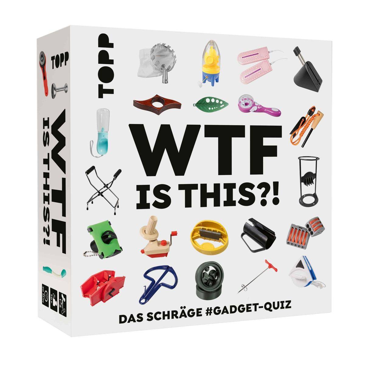 WAS IST DENN DAS?!' Brettspielschachtel mit verschiedenen ungewöhnlichen Gadgets und dem Slogan 'Das schräge #Gadget-Quiz'.