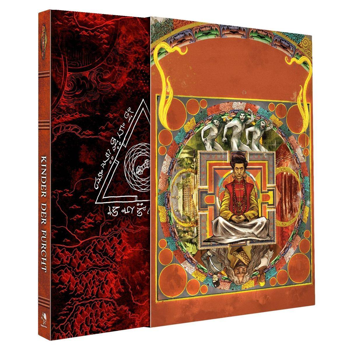 Eine sitzende Figur meditiert im Zentrum eines komplizierten, farbenfrohen Mandalas, umgeben von mystischen Symbolen und einer kunstvollen Bordüre.