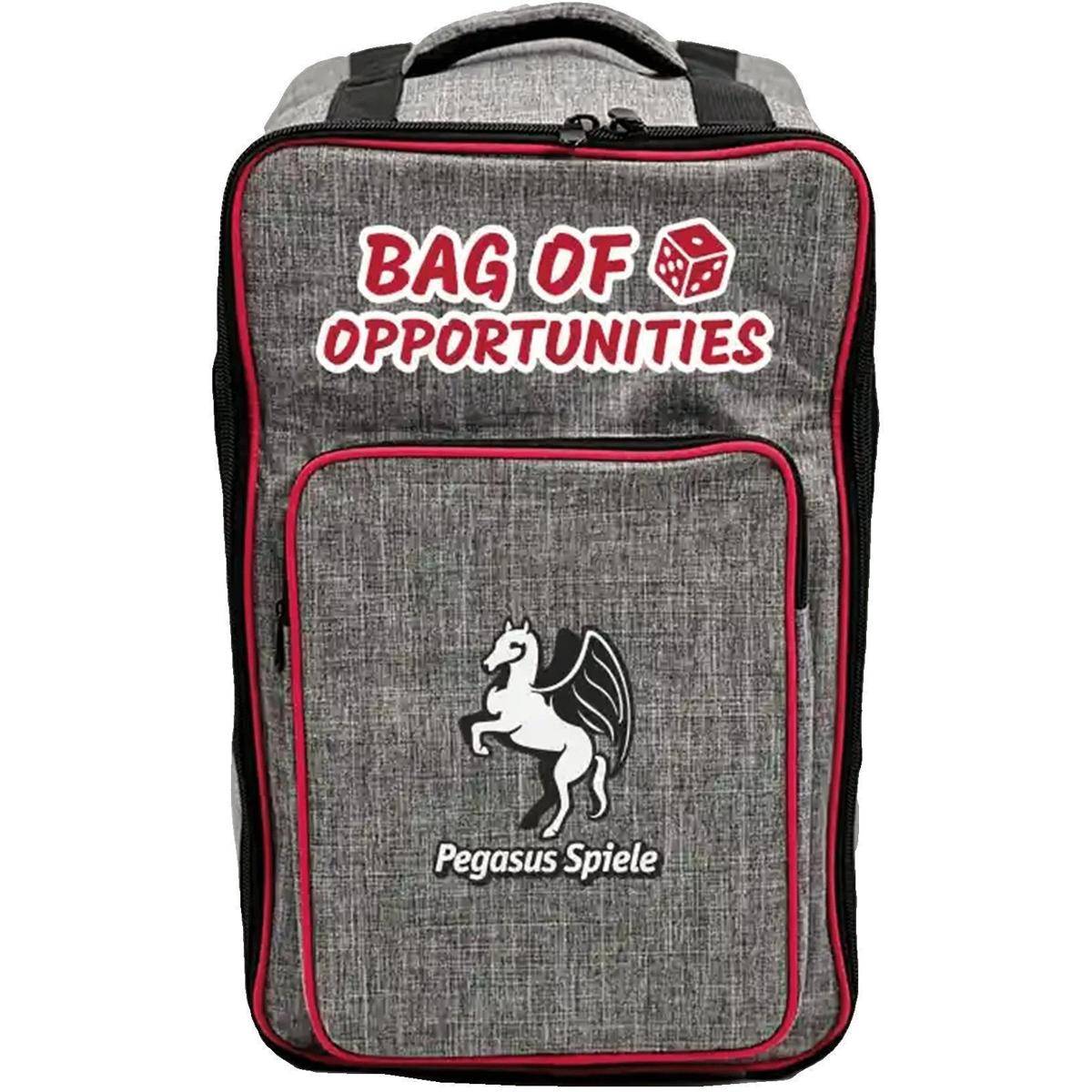 Ein grauer Rucksack mit rotem Rand mit der Aufschrift „Bag of Opportunities