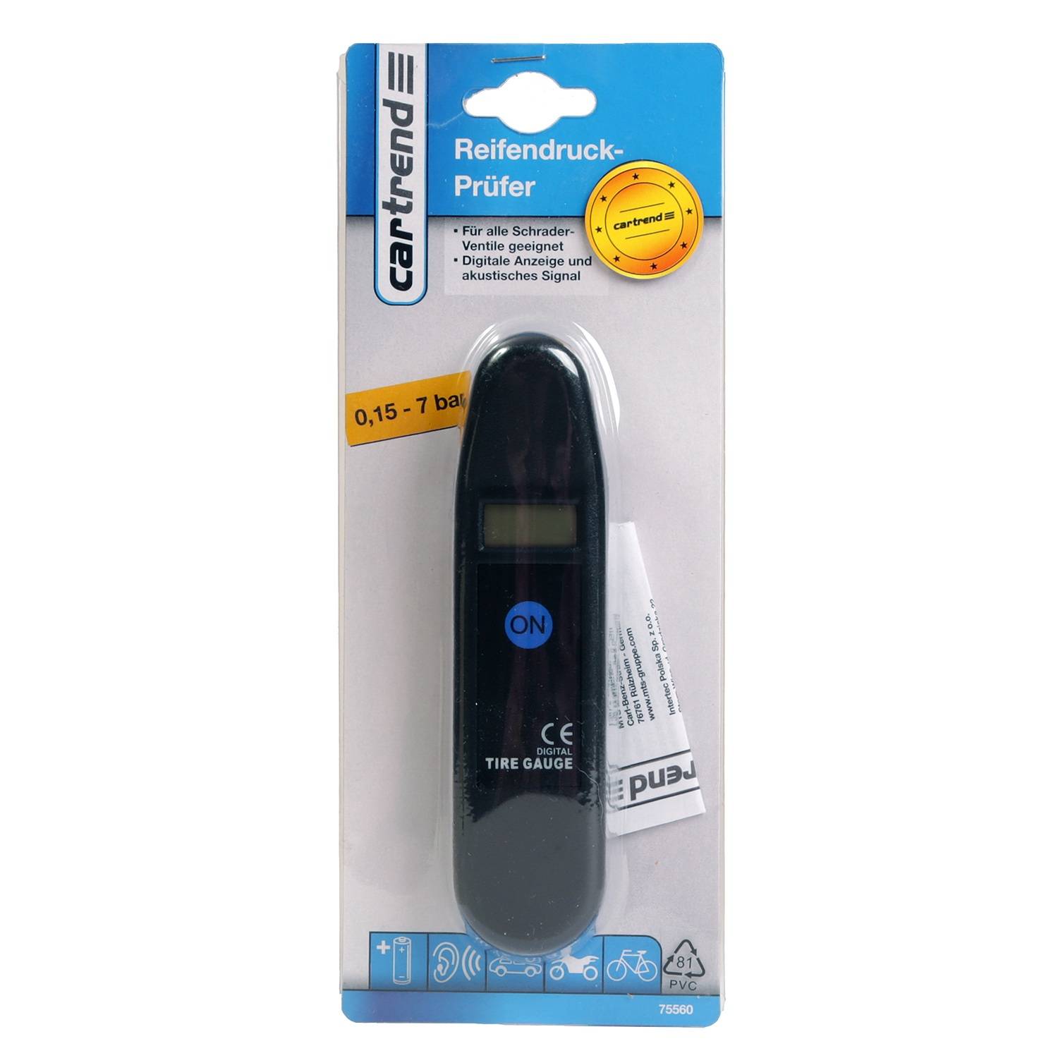 Reifendruckmesser in Verpackung für Schrader-Ventile, misst 0,15-7 bar, digitales Display und Warnsignal, von Cartrend.