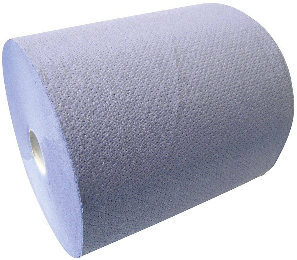 Eine große Rolle aus blauem Industrie-Papiertuch, die zum Reinigen und Abwischen von Oberflächen verwendet wird, liegt vor einem weißen Hintergrund.