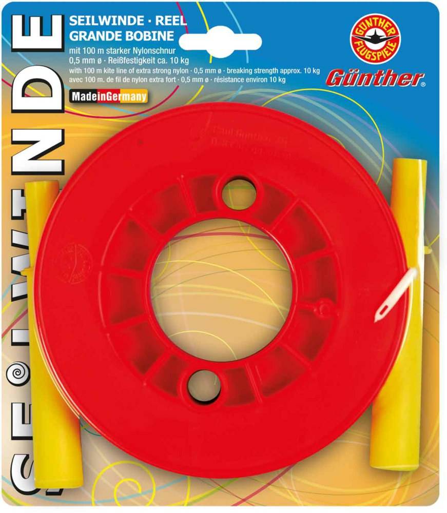 Eine rote Spule mit orangem Drachen­schnur, betitelt „Groande Bobine