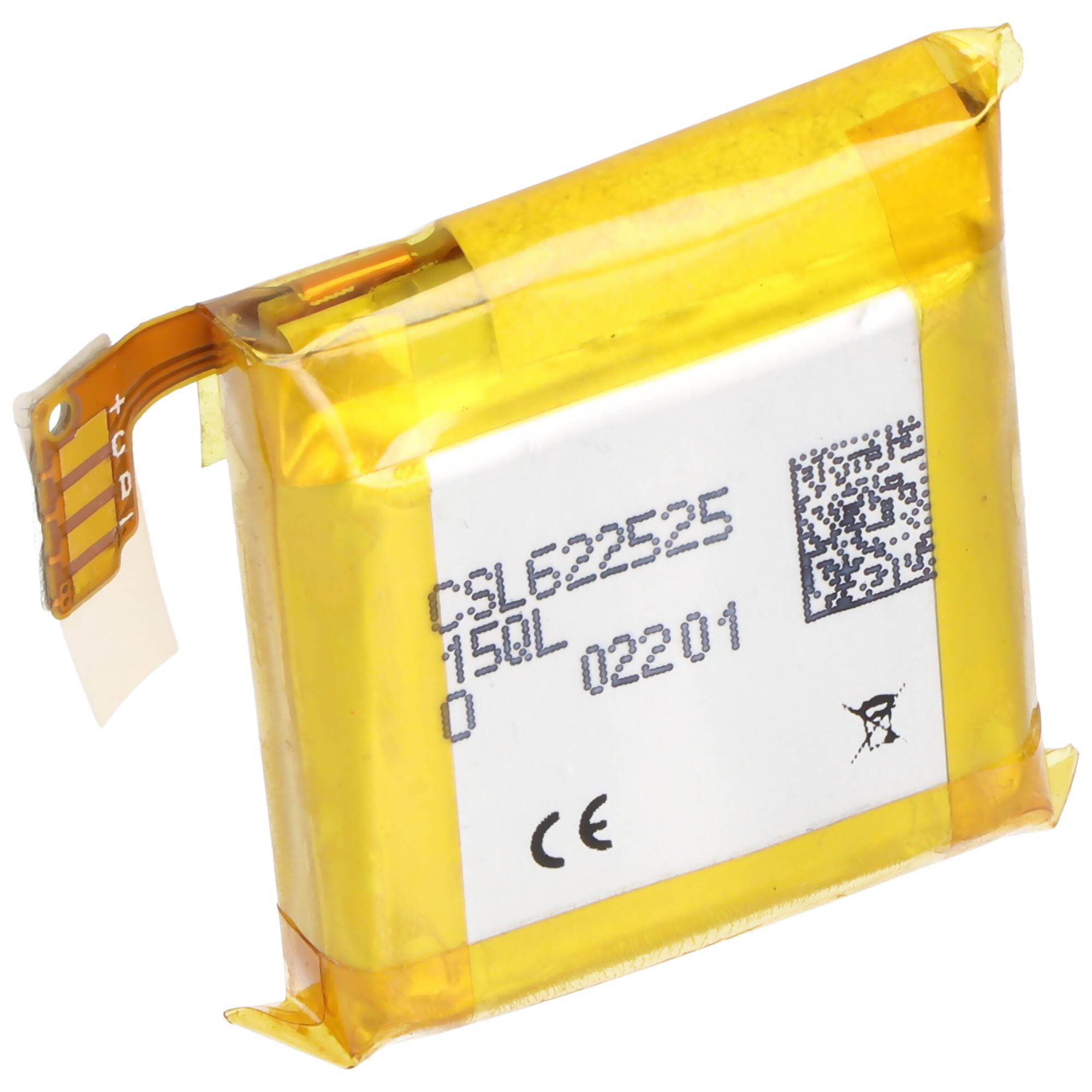 Ein kleiner, rechteckiger gelber Lithium-Polymer-Akku mit einem Etikett, das Modell- und Seriennummern, Symbole und einen QR-Code anzeigt.