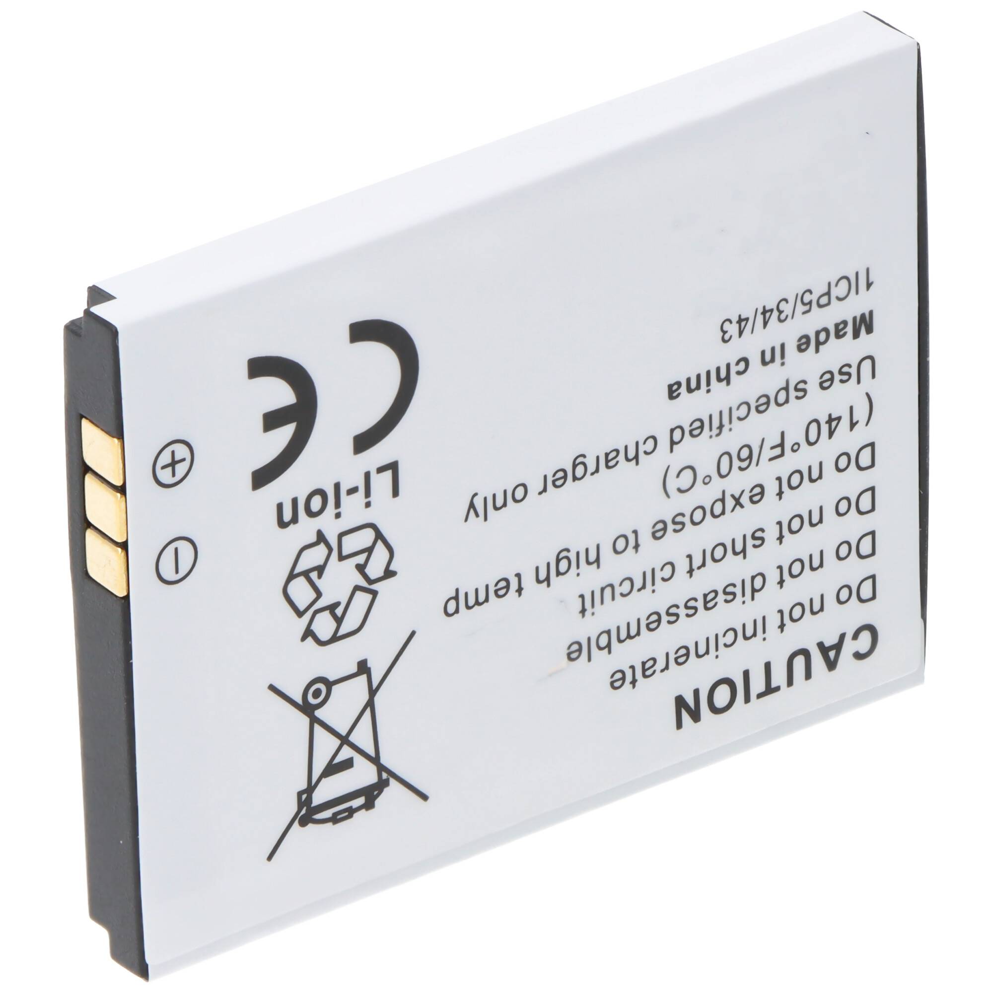 Rechteckige Lithium-Ionen-Batterie mit Warntext, drei Kontaktpunkten und Recycling-Symbol auf der Vorderseite; entwickelt für elektronische Geräte.