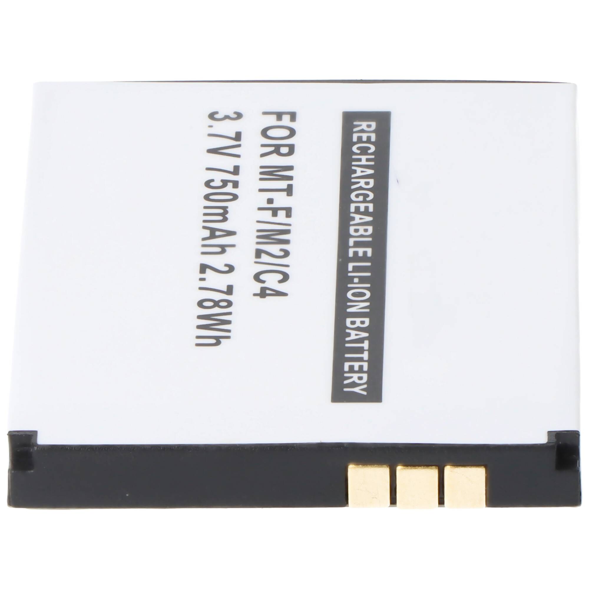 Weiße wiederaufladbare Li-Ionen-Batterie mit Kennzeichnung für MT-FM2/C4, 3,7V, 750mAh, 2,78Wh, mit sichtbaren Anschllussklemmen an der Unterseite.