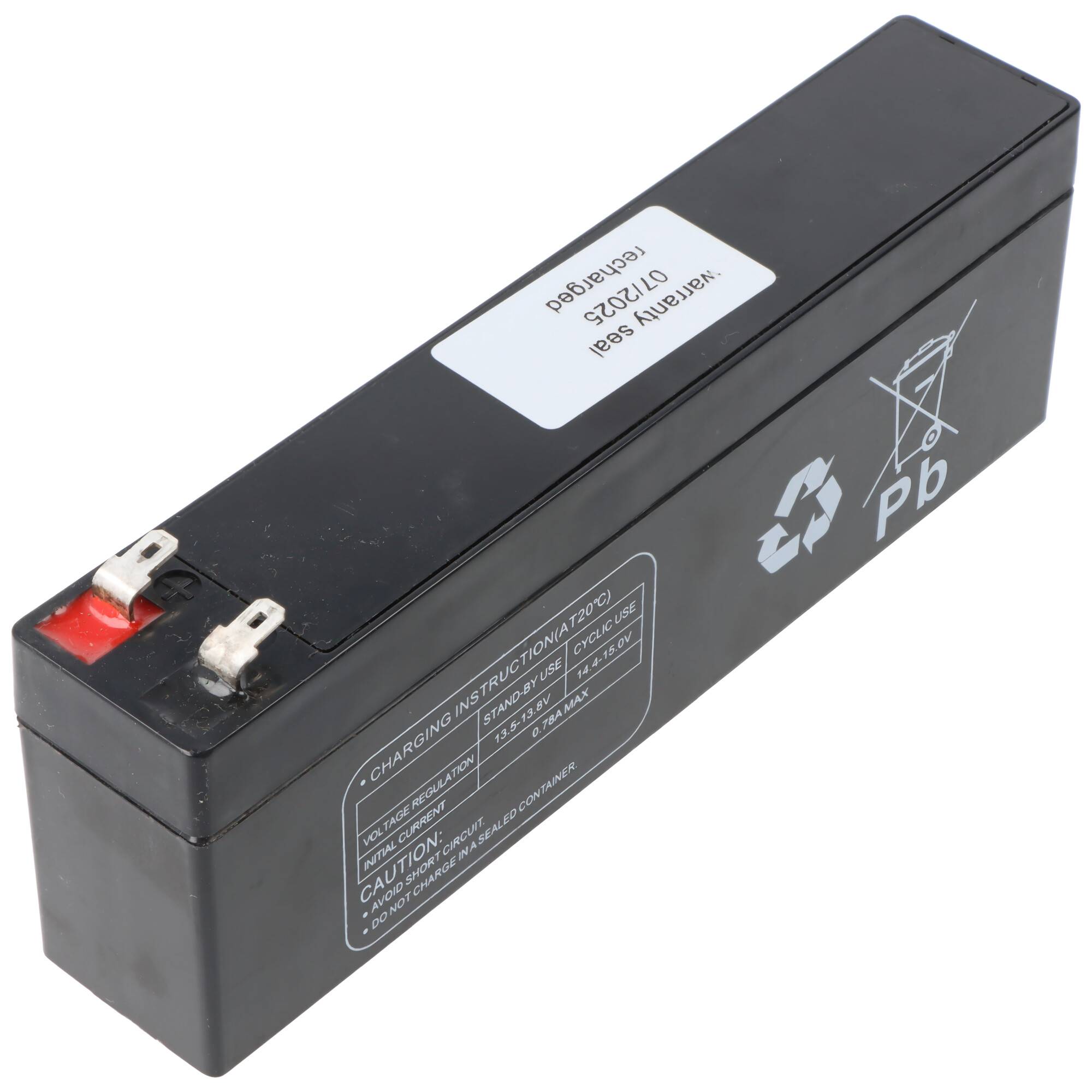 Schwarze rechteckige Batterie mit Recycling-Symbol und „Pb