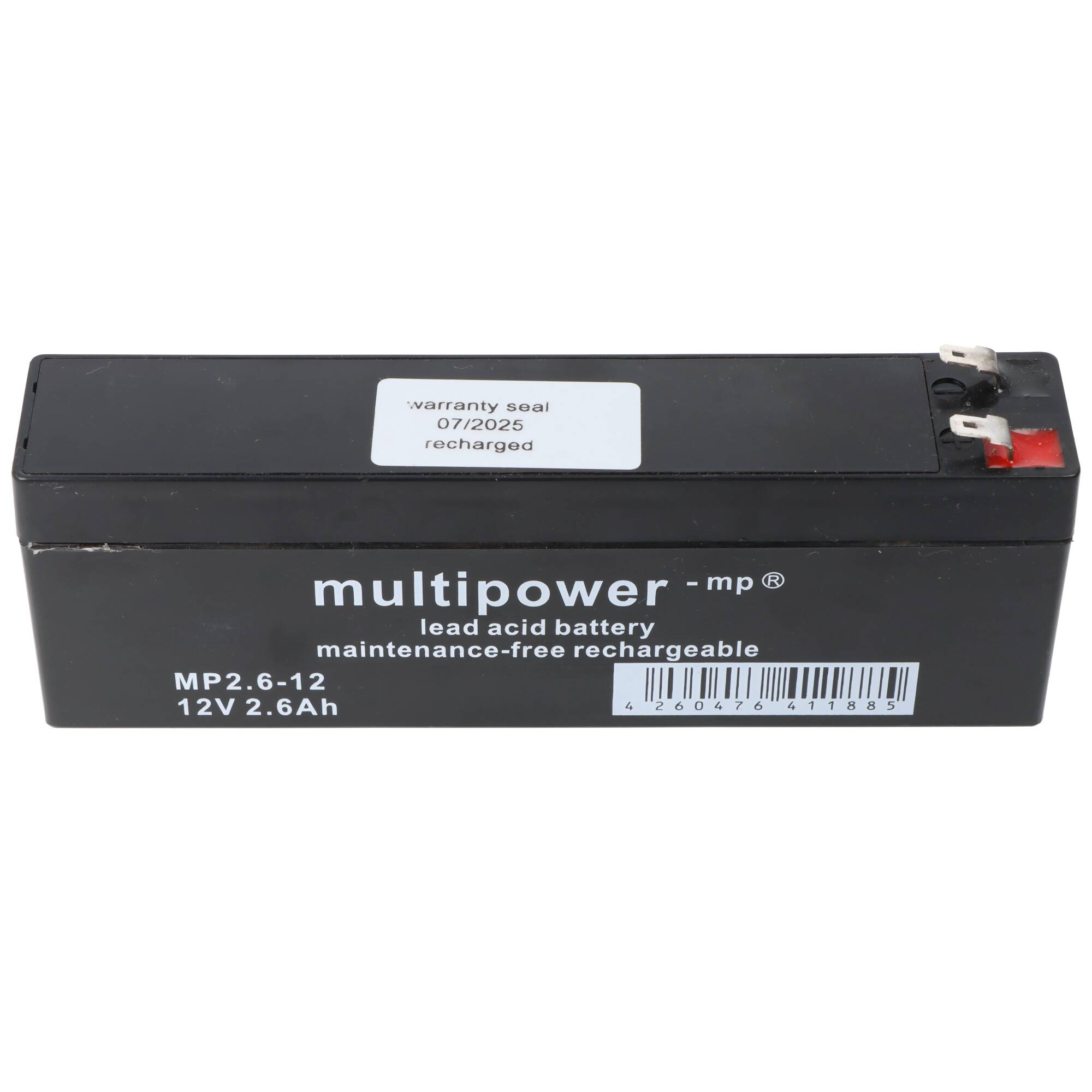 Multipower Blei-Säure-Batterie, wartungsfrei, 12V 2,6Ah, Garantiesiegel mit Markierung 07/2026.