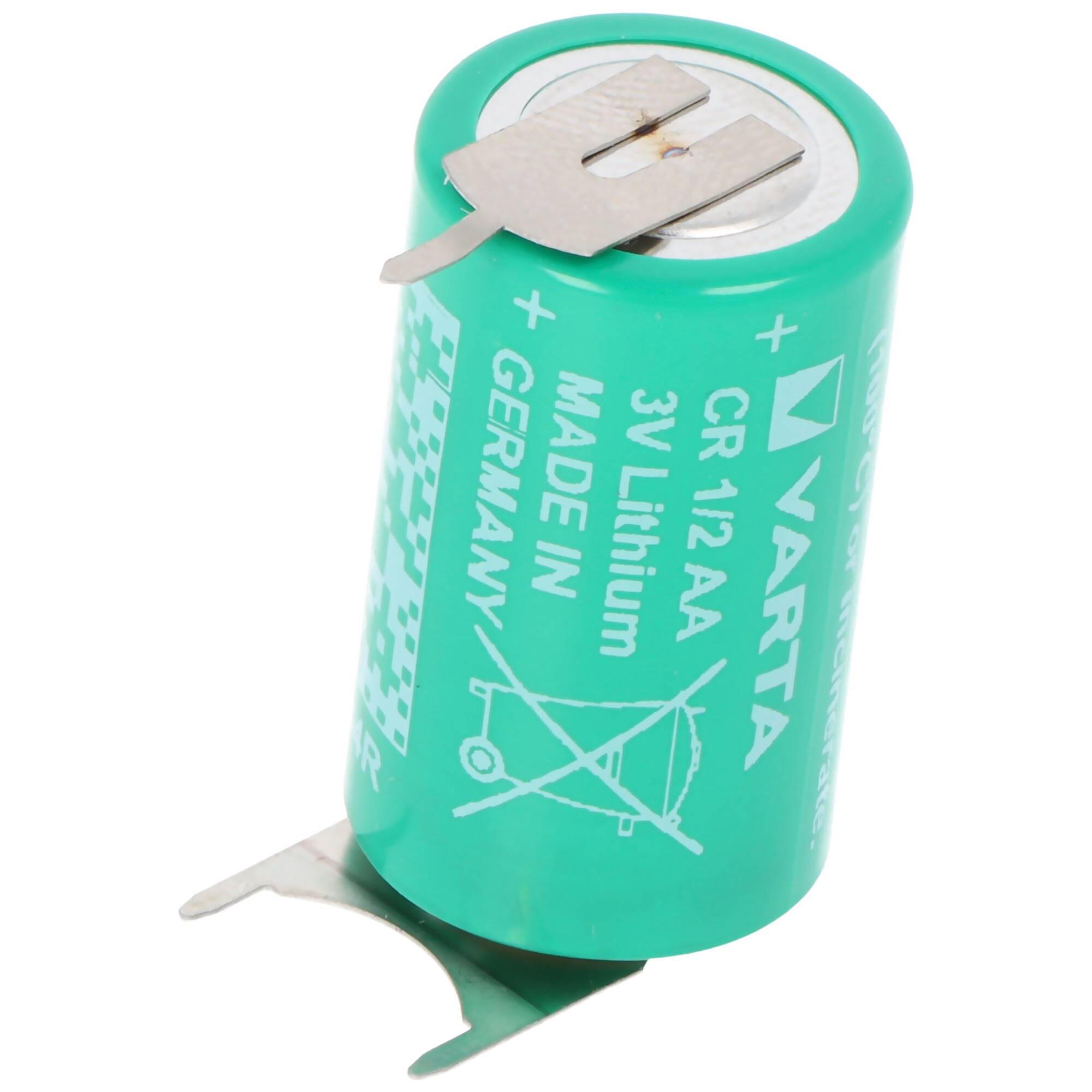 Varta CR1/2AA Lithium Batterie 6127 mit 3er Print Lötfahne, Pluskontakt 1er, Minus 2er, Rastermaß 10mm