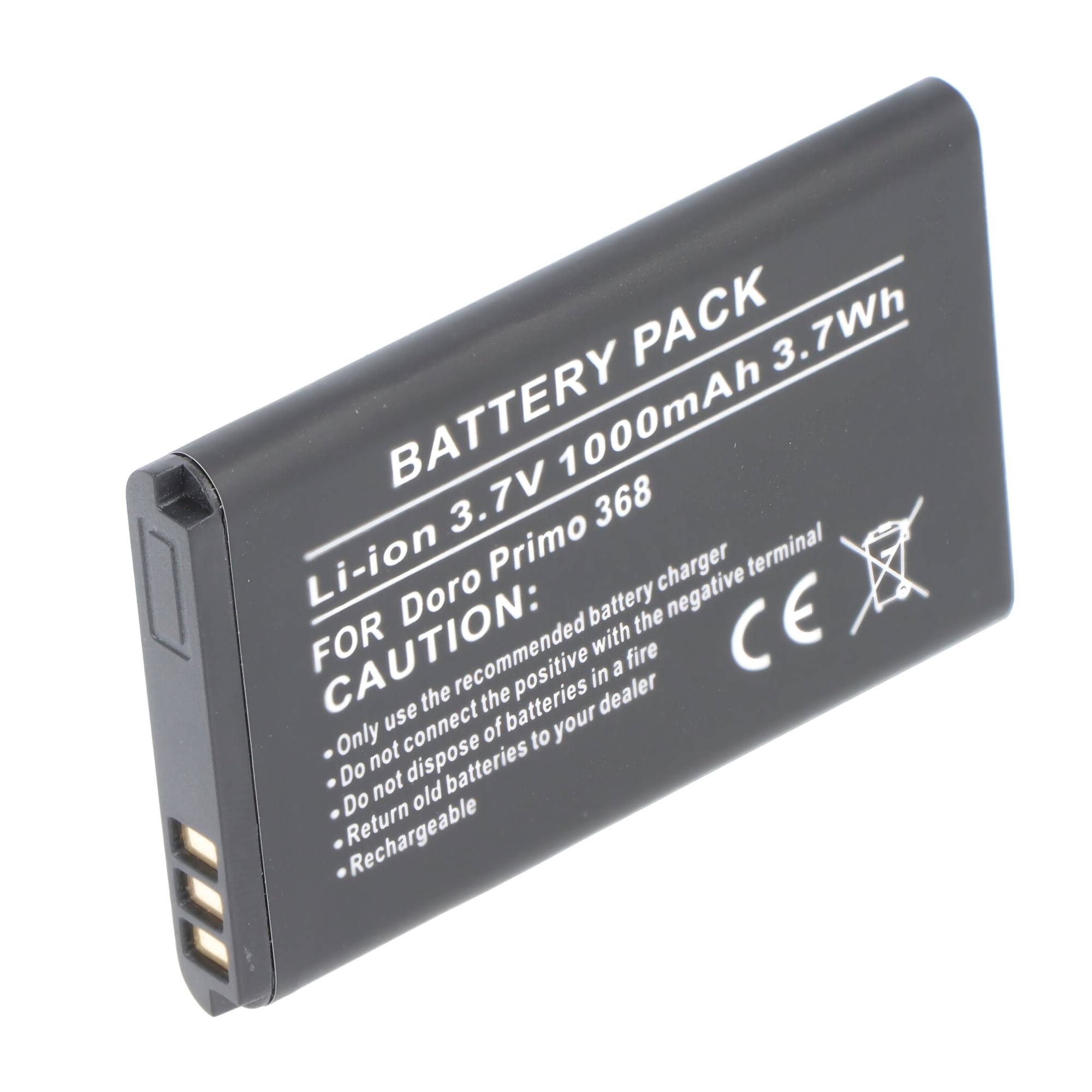 Akku 3,7V 1000mAh für Doro Primo 368; Li-Ionen; Warn- und Recycling-Symbole inbegriffen; bitte beachten Sie die ordnungsgemäßen Handhabungsanweisungen.