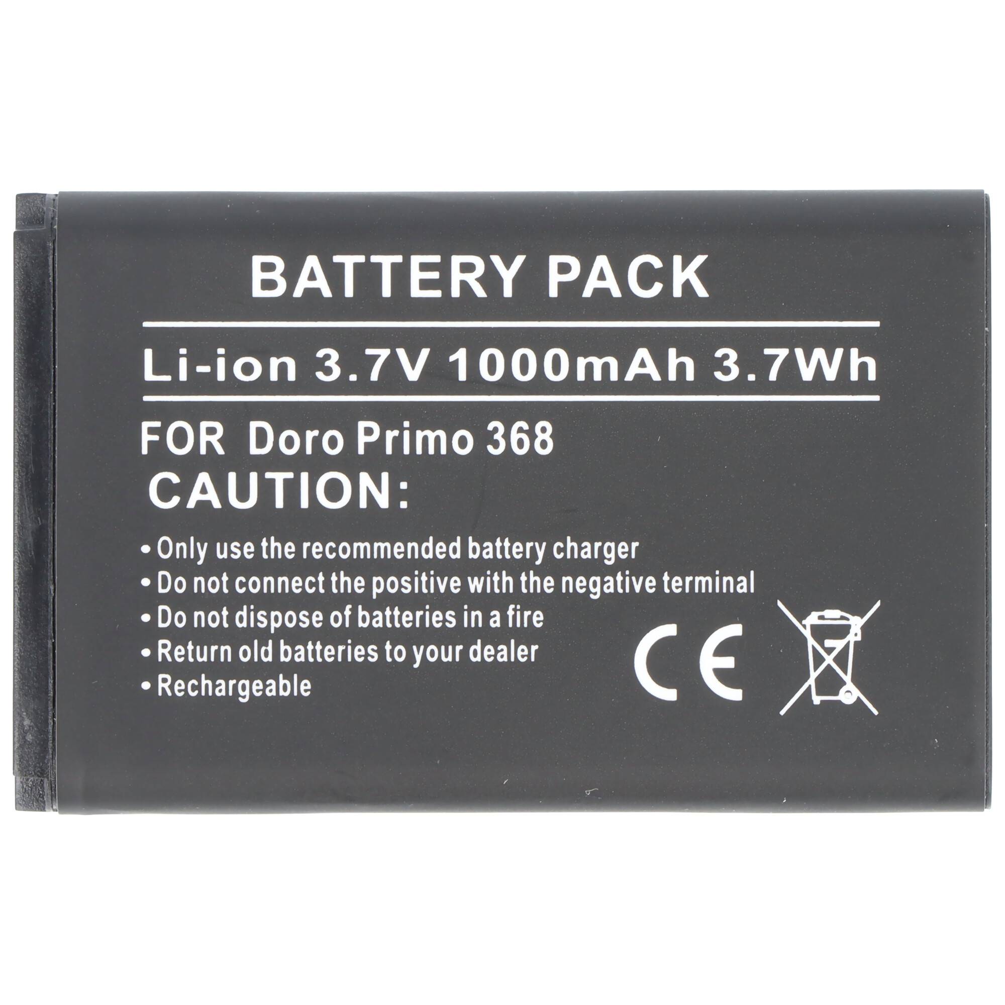 Schwarzes Batteriepak mit weißem Text: „Li-ion 3.7V 1000mAh 3.7Wh, FÜR Doro Primo 368, VORSICHT: Empfohlenes Ladegerät verwenden, nicht ins Feuer werfen.