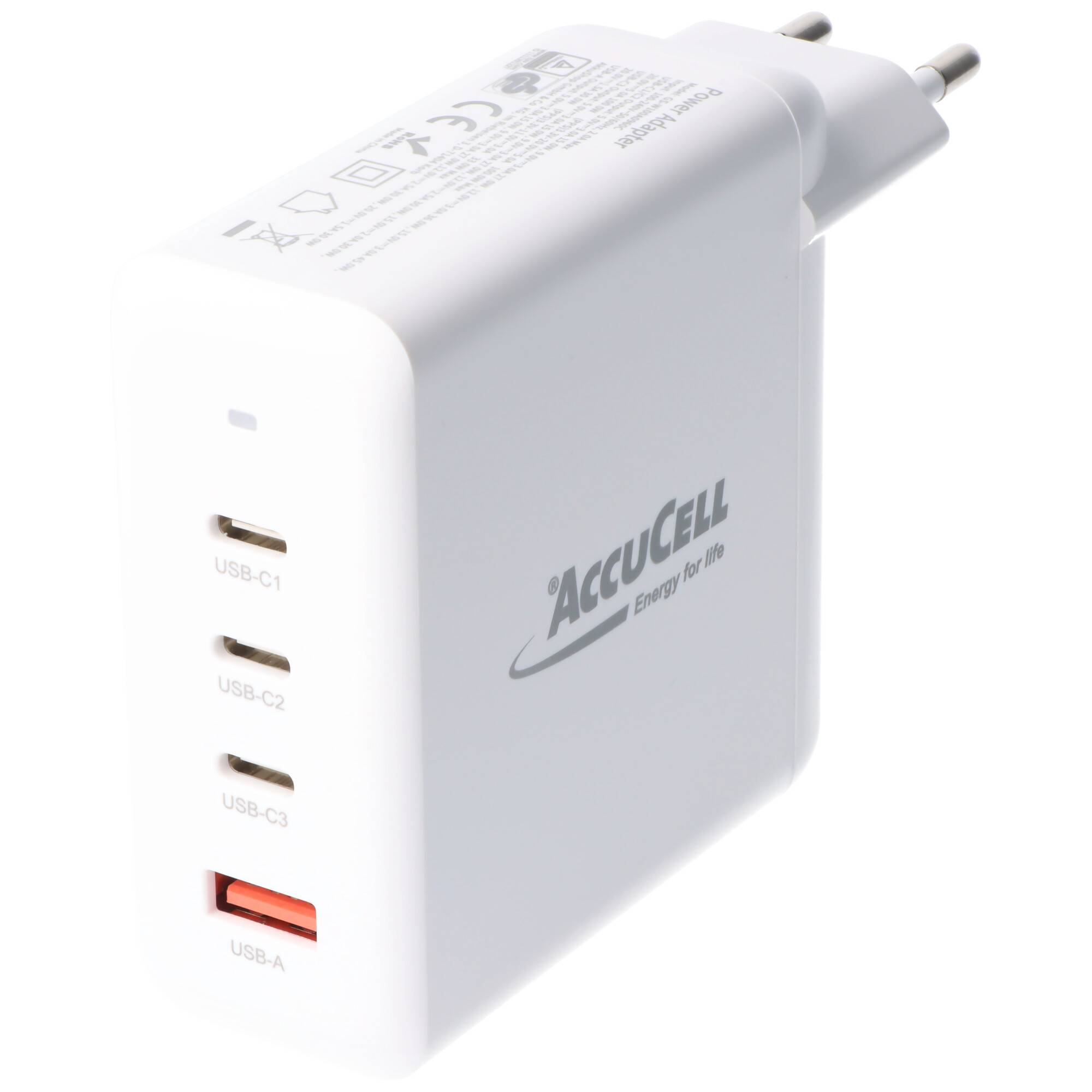 AccuCell 100 W GaN Charger mit 3x USB-C Ausgang und einem USB-A Ausgang, maximaler USB-C Ausgang 100 W PD