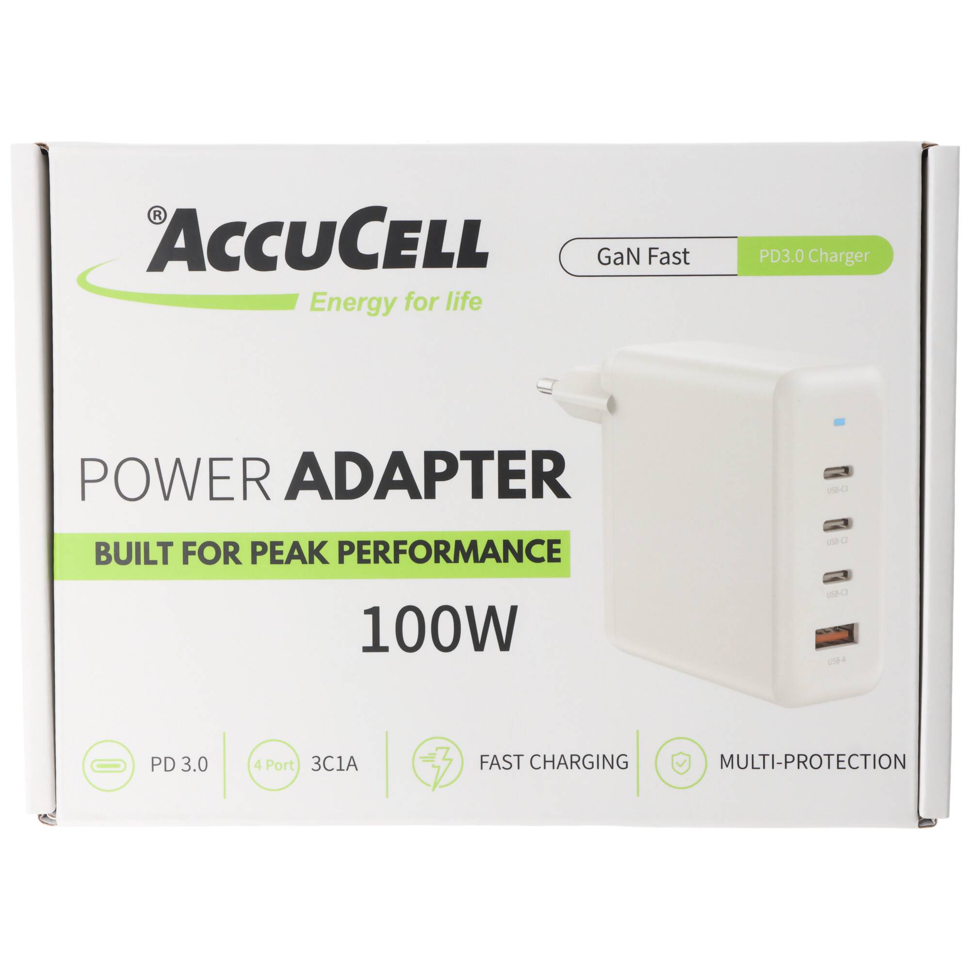 AccuCell 100 W GaN Charger mit 3x USB-C Ausgang und einem USB-A Ausgang, maximaler USB-C Ausgang 100 W PD