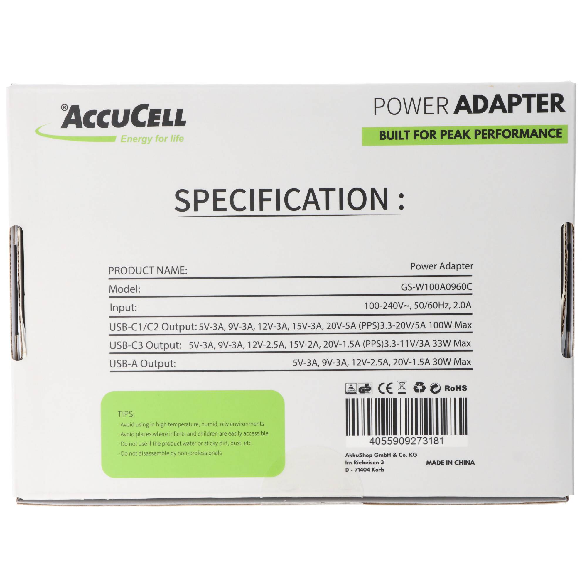 AccuCell 100 W GaN Charger mit 3x USB-C Ausgang und einem USB-A Ausgang, maximaler USB-C Ausgang 100 W PD