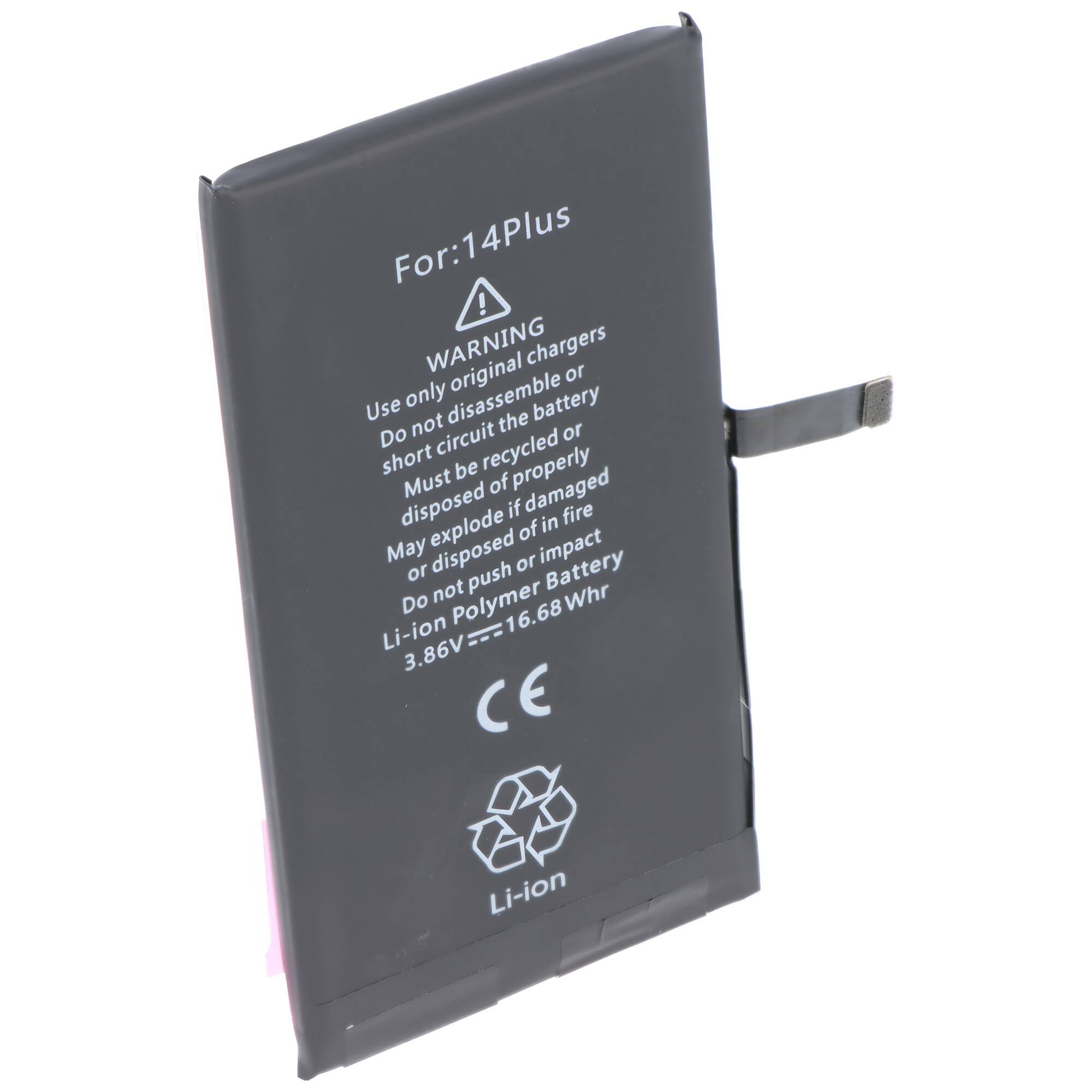 Ein schwarzer Li-Ionen-Akku für '14 Plus' mit Warnung, nur Originalladegeräte zu verwenden, Hitze zu vermeiden und ordnungsgemäß zu recyceln. Kapazität: 16,68 Wh.