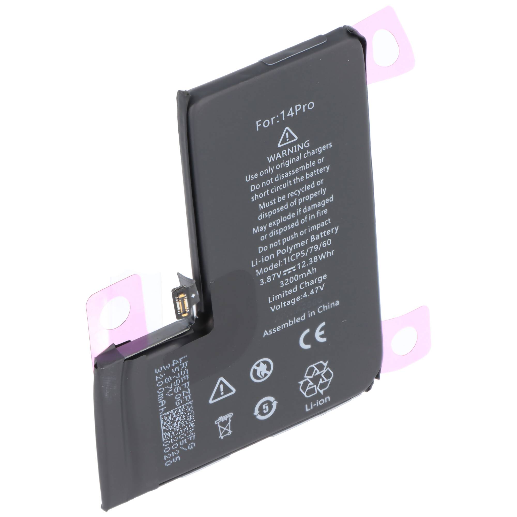 „Li-Ion-Akku für 14Pro, 3,79V, 12,13Wh, 3200mAh. Warnung: Verwenden Sie nur Original-Ladegeräte. Kurzschluss kann Schäden oder Verletzungen verursachen. In China zusammengebaut.