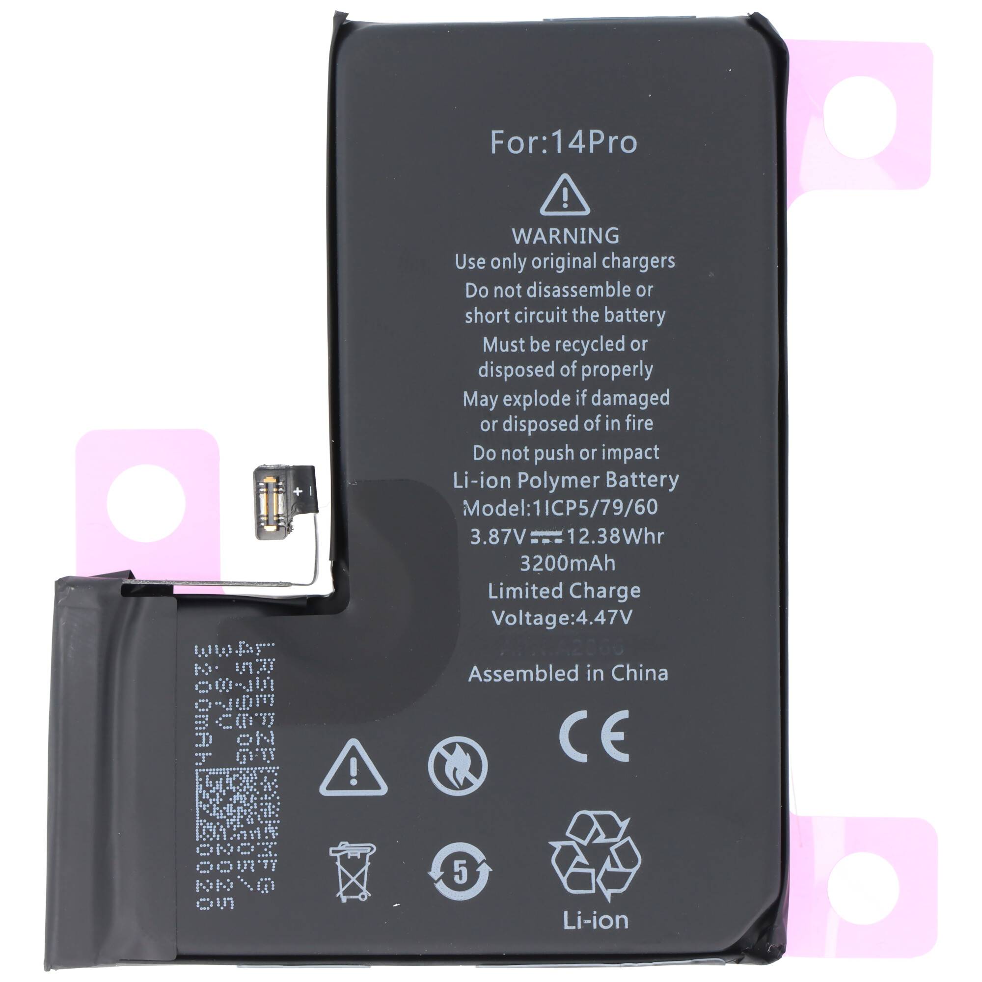 Ein schwarzer Smartphone-Akku mit der Bezeichnung „Für: 14Pro