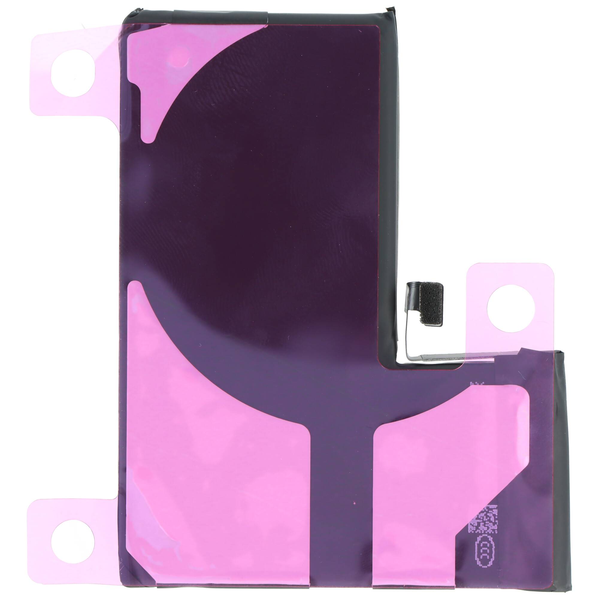 Rosa Klebe-Aufkleber zum Fixieren eines Smartphone-Akkus, mit Ausschnitten zur Ausrichtung und Laschen zum einfachen Entfernen.