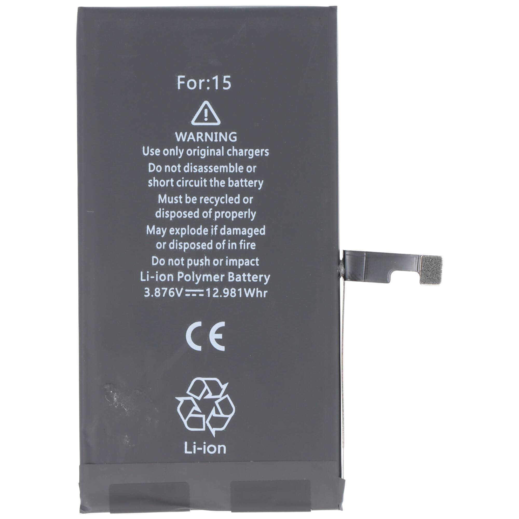 Akku passend für Apple iPhone 15, Li-Polymer, 3,87V, 3349mAh, 12,98Wh, ohne Werkzeug
