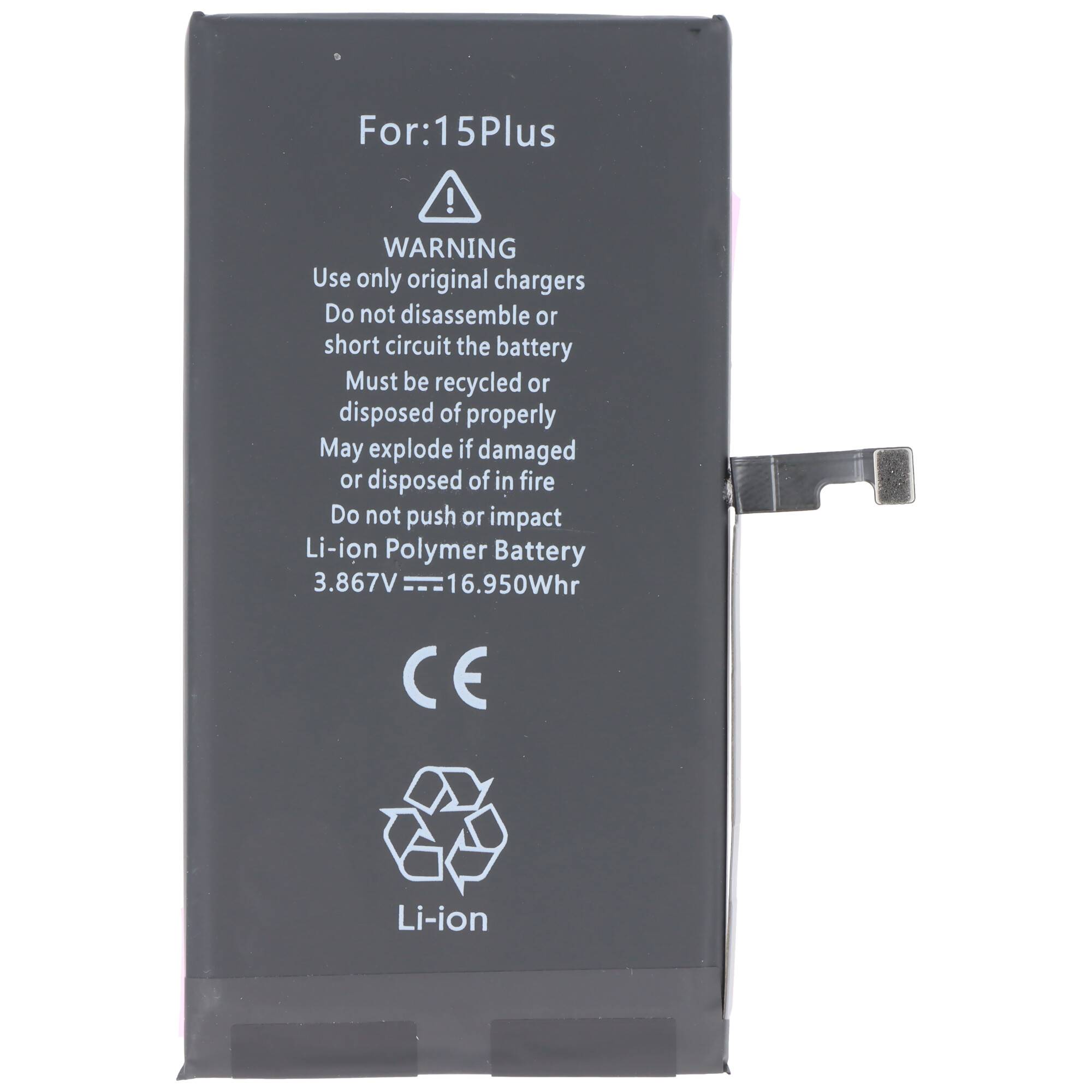 Ein Smartphone-Akku mit der Aufschrift „Für: 15Plus