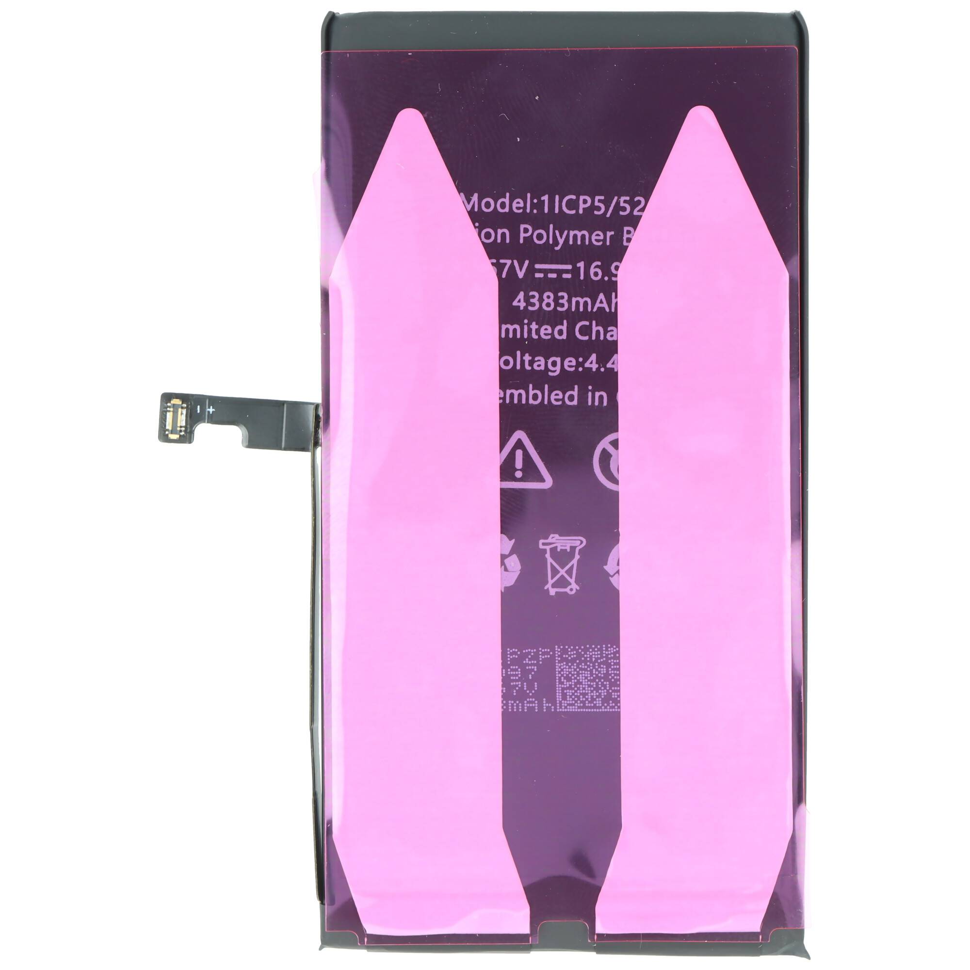 „Ein Lithium-Ionen-Polymer-Akku mit Modell 1ICP5/52/67, Kapazität 16,96Wh, für ein Gerät. In China zusammengebaut, mit sichtbarem Anschlussblech.