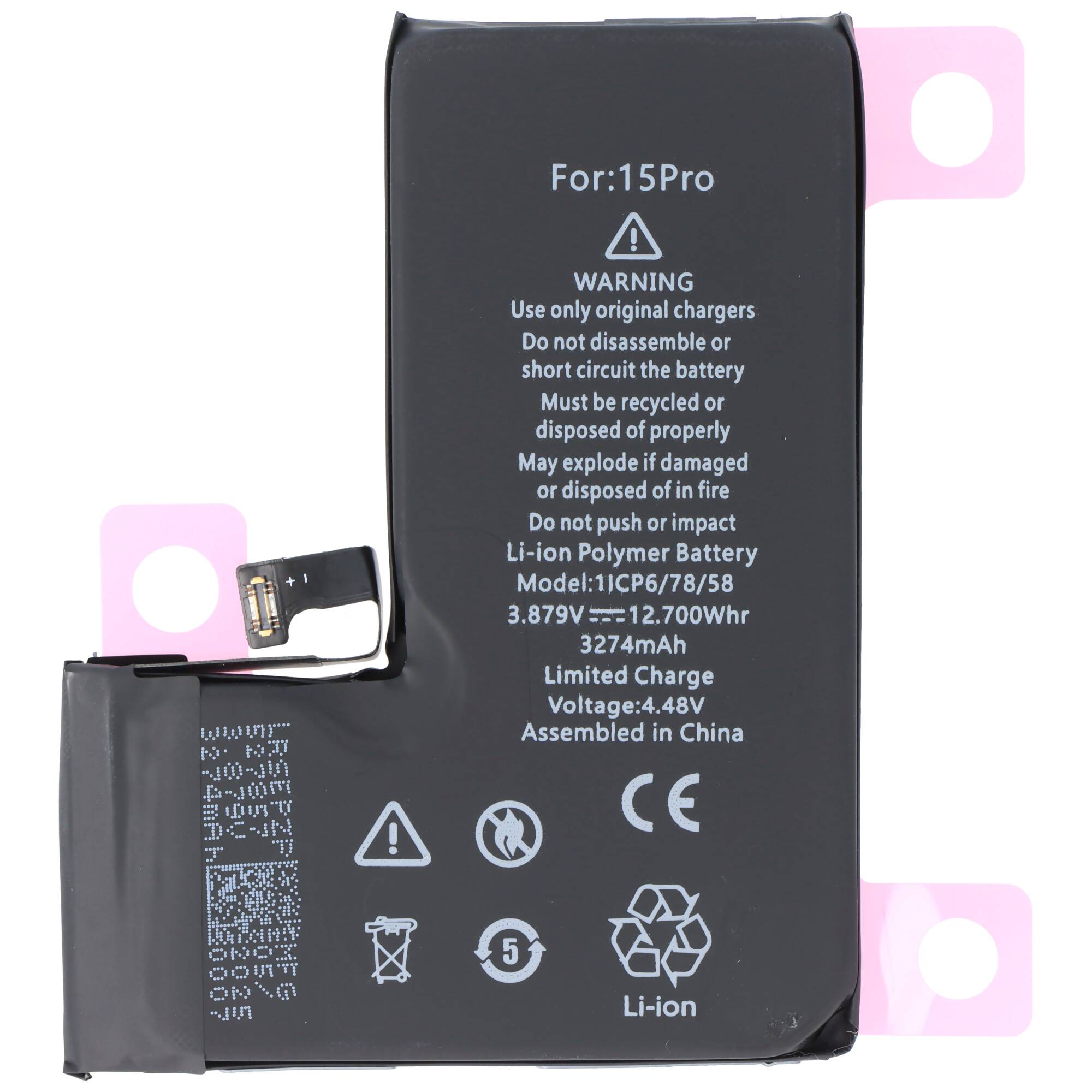 Akku passend für Apple iPhone 15 Pro, Li-Polymer, 3,87V, 3274mAh, 12,7Wh, ohne Werkzeug
