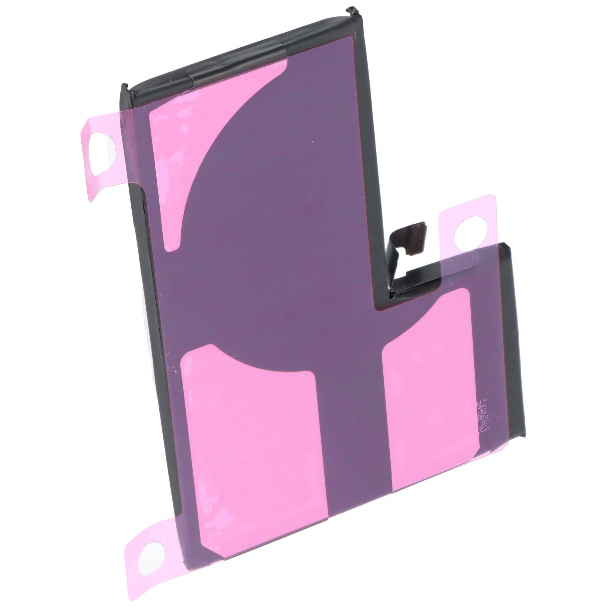 Ein rosa selbstklebendes Batterieetikett, das zum Befestigen einer iPhone-Batterie entwickelt wurde. Das Etikett verfügt über Registerkarten für einfaches Abziehen und Anbringen.