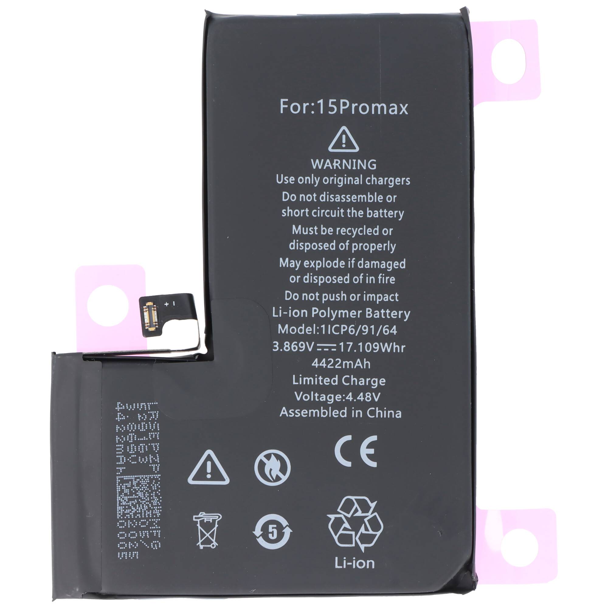 Lithium-Ionen-Polymer-Akku für 15Promax, 3,869V, 17,109Wh, 4422mAh, hergestellt in China. Enthält Warnung, nur Original-Ladegeräte zu verwenden.