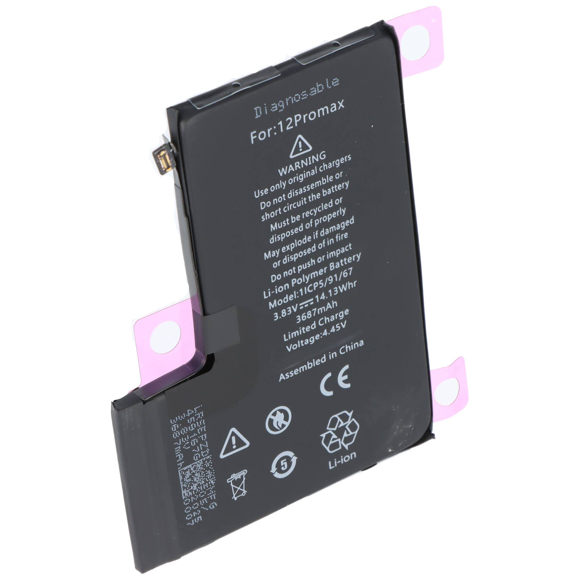 Li-Ionen-Akku mit Kennzeichnung für iPhone 12 Pro Max, 3,83V, 10,78Wh. Enthält Sicherheitswarnungen und Recycling-Symbole. Hergestellt in China.