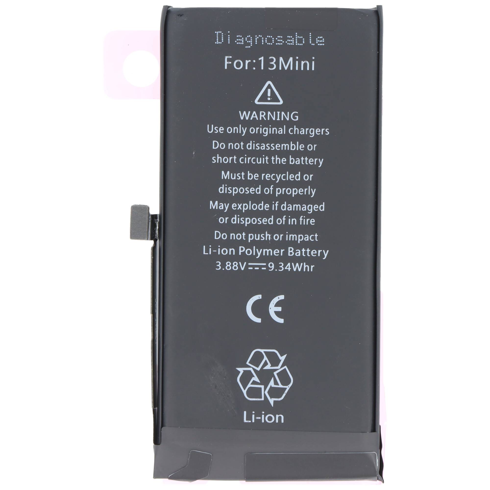 „Diagnosefähiger Akku für 13 Mini, 3,88V, 9,34Whr. Warnung: Verwenden Sie Original-Ladegeräte, nicht auseinandernehmen, ordnungsgemäß recyceln. Li-Ion, CE-gekennzeichnet.