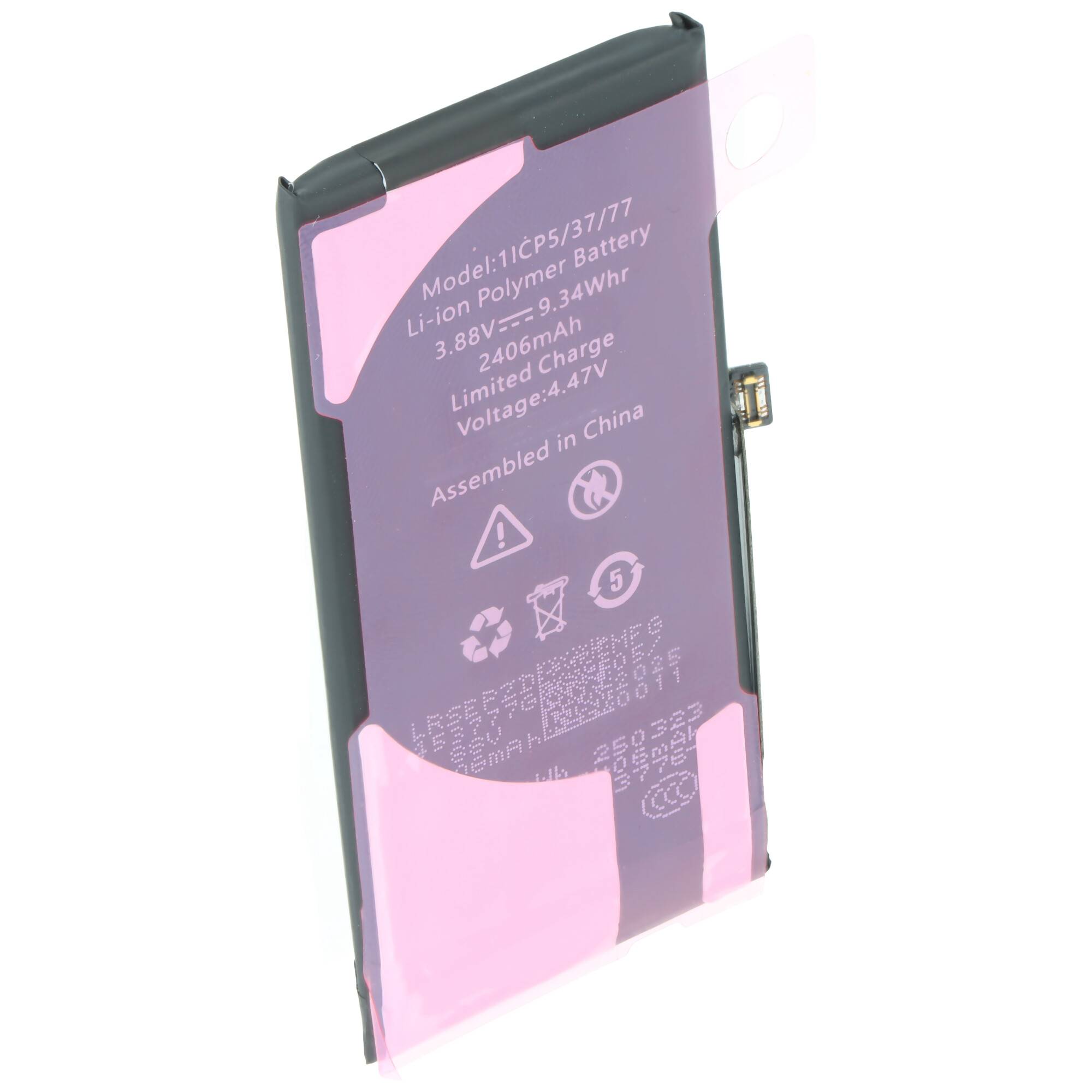 Eine Lithium-Polymer-Batterie für eine Smartwatch, 3,88V, 0,93Wh, Modell A2357; zeigt Recycling- und Entsorgungssymbole. In China zusammengebaut.