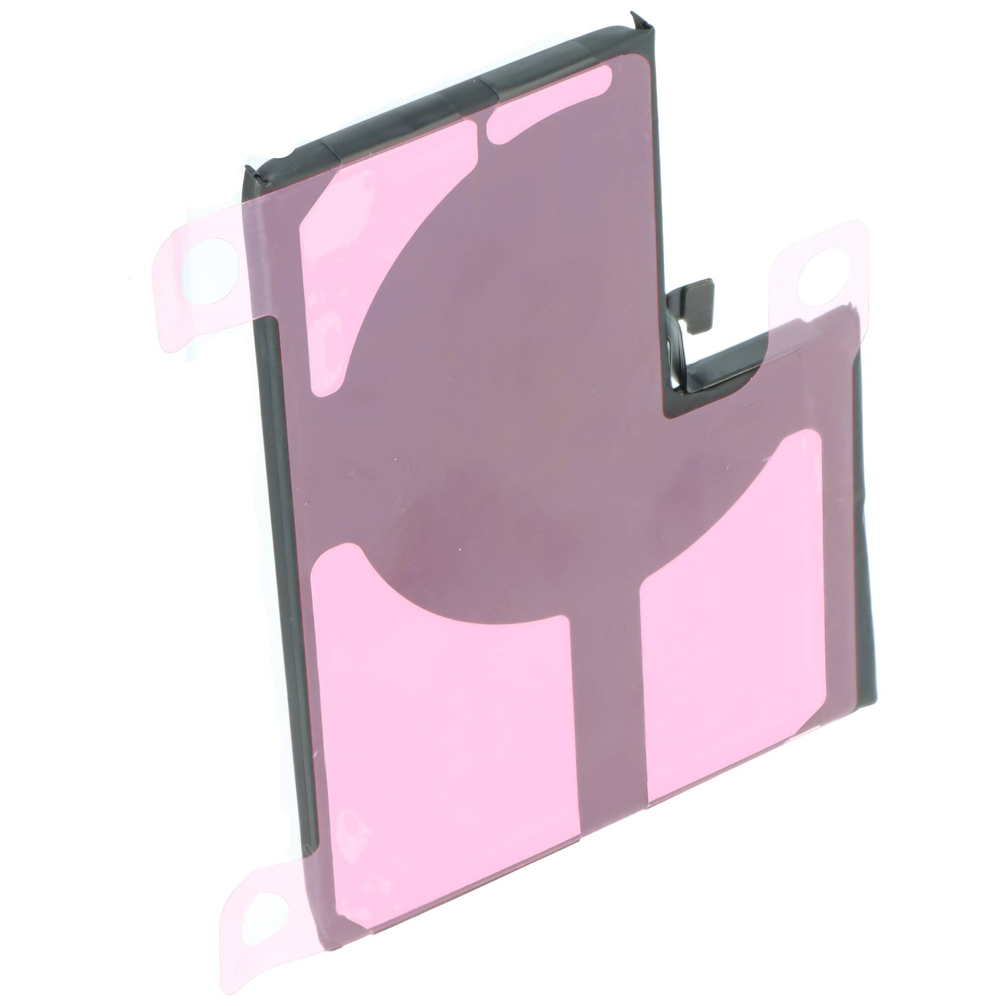 Ein haftender Batteriedeckel für ein iPhone, dargestellt in hellem Rosa mit Ausschnitten für Ausrichtung und Befestigung.