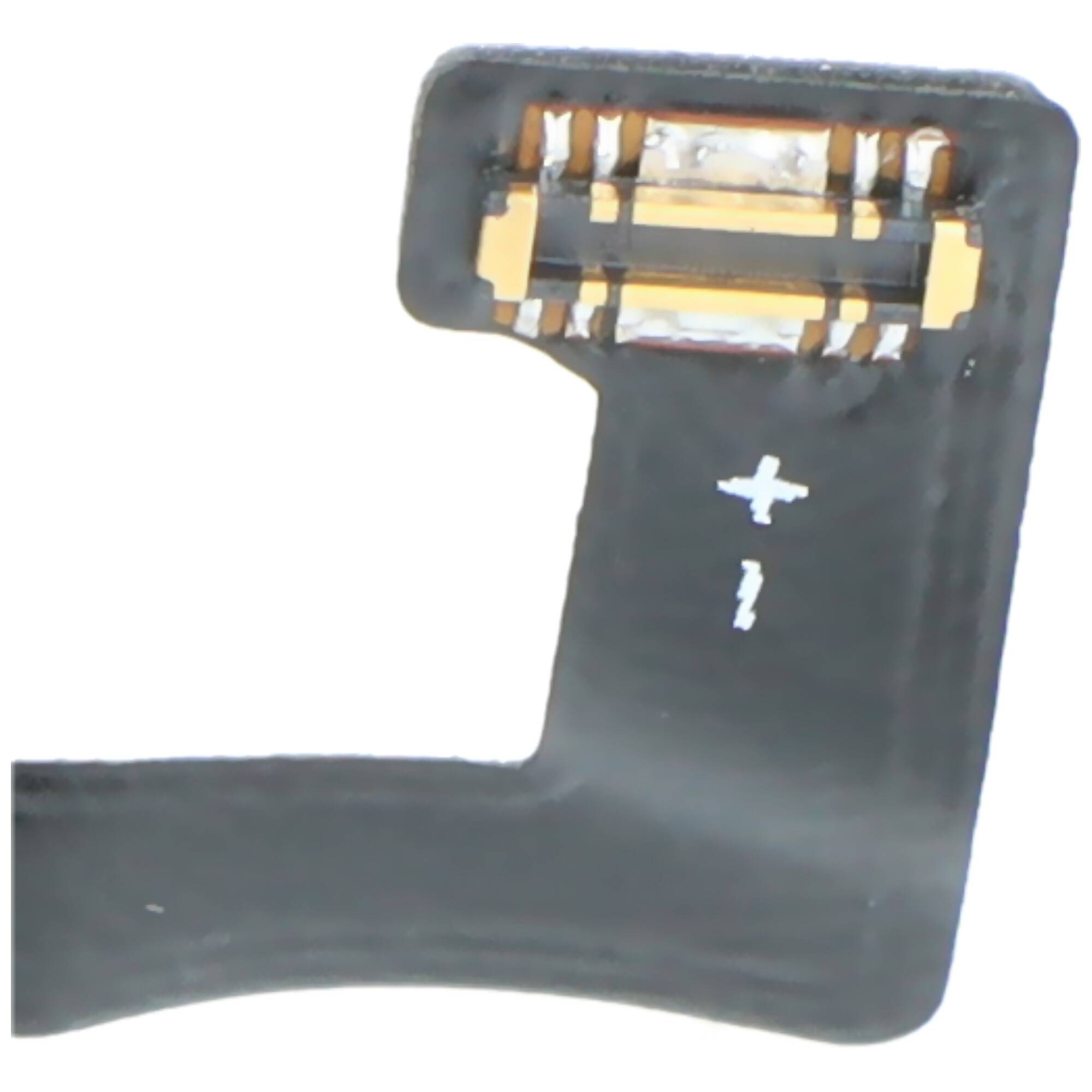 Nahaufnahme eines elektronischen flexiblen Leiterplattenverbinders mit sichtbaren Kontakten, gekennzeichnet mit einem Plussymbol und einem Blitzsymbol.