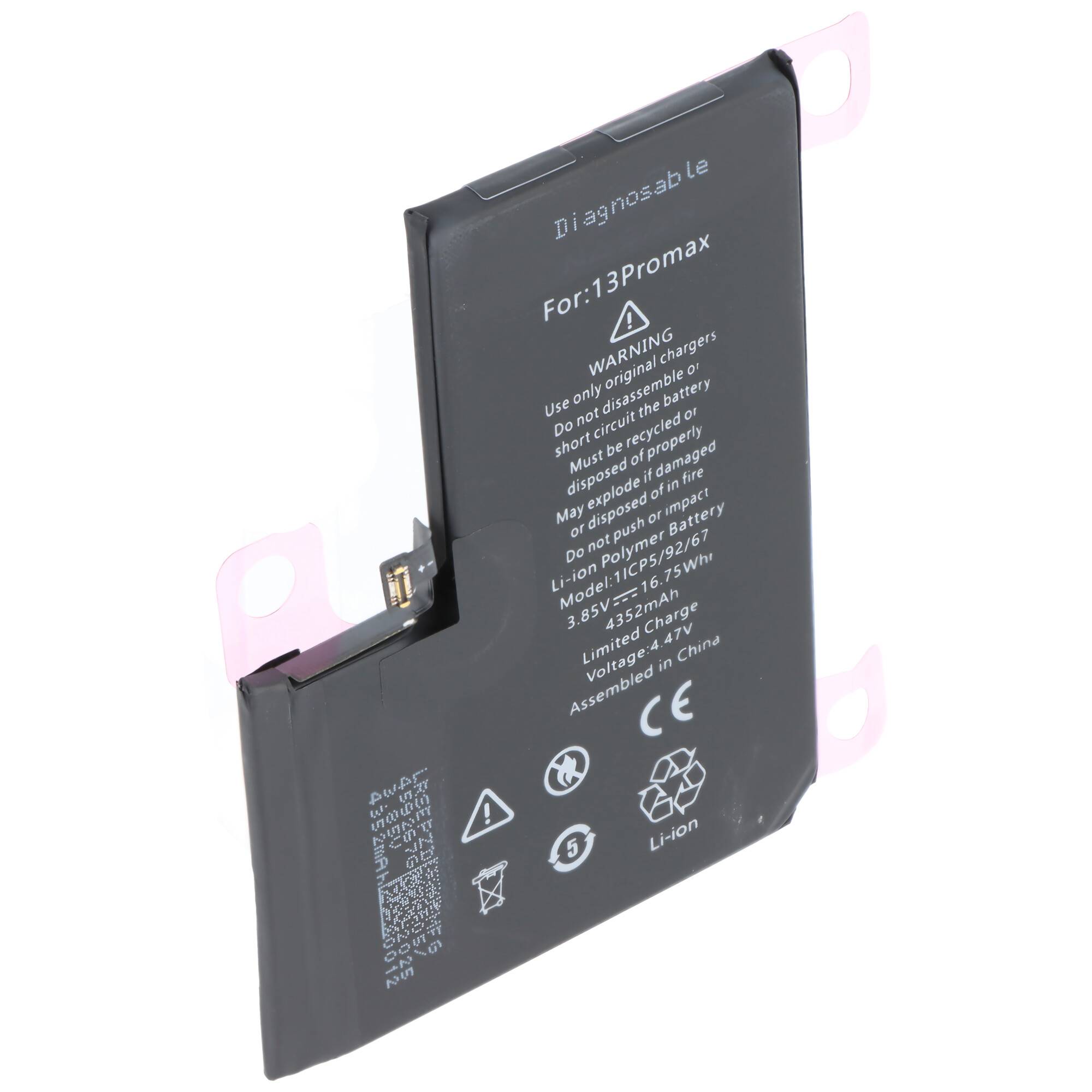 Ersatzbatterie für iPhone 13 Pro Max. Li-Ionen-Polymer, 11,97 Wh, 3,85 V, typische Kapazität 3095 mAh. Montagedetails auf dem vorderen Etikett.