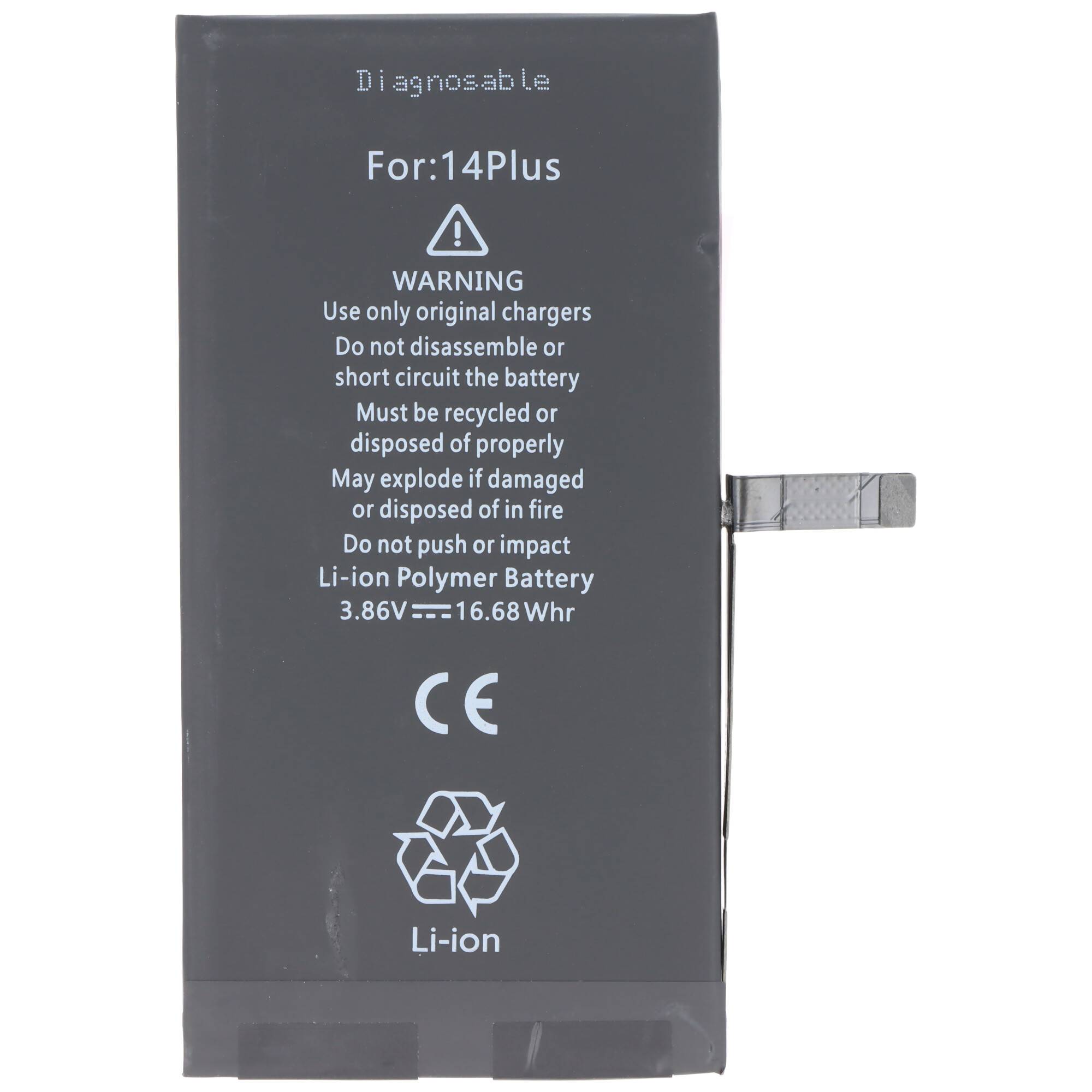 Diagnosierbar für: 14Plus' Smartphone-Akku mit Warnung, 'Nur original Ladegeräte verwenden', und 'Nicht auseinandernehmen.' Li-Ion, 3,86V, 16,68 Whr.