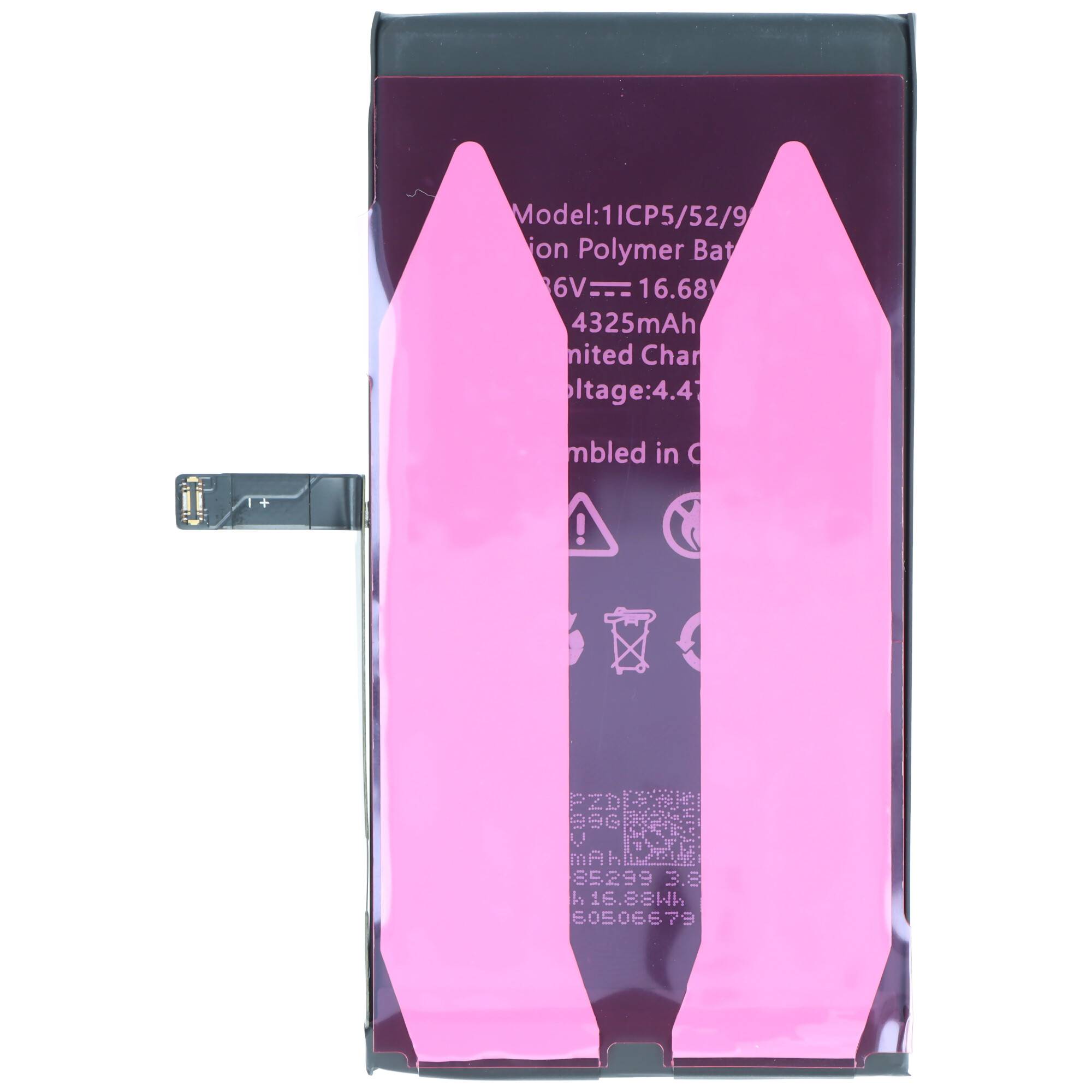 Eine rechteckige Lithium-Ionen-Batterie mit rosa Isolationsstreifen, einer sichtbaren Anschlusslasche auf der linken Seite und aufgedrucktem Text, der Spezifikationen anzeigt.