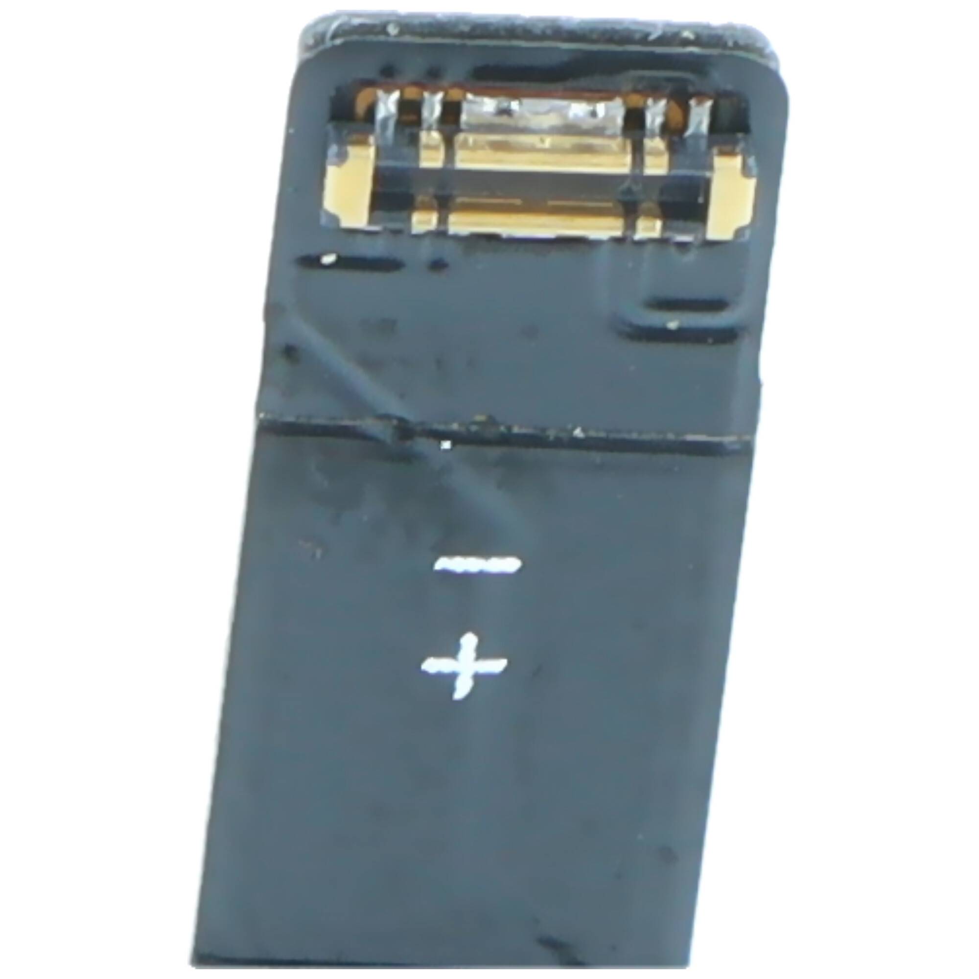 Ein Nahaufnahmebild eines schwarzen USB-Stick-Steckers, das seine Anschlüsse und das USB-Symbol zeigt.