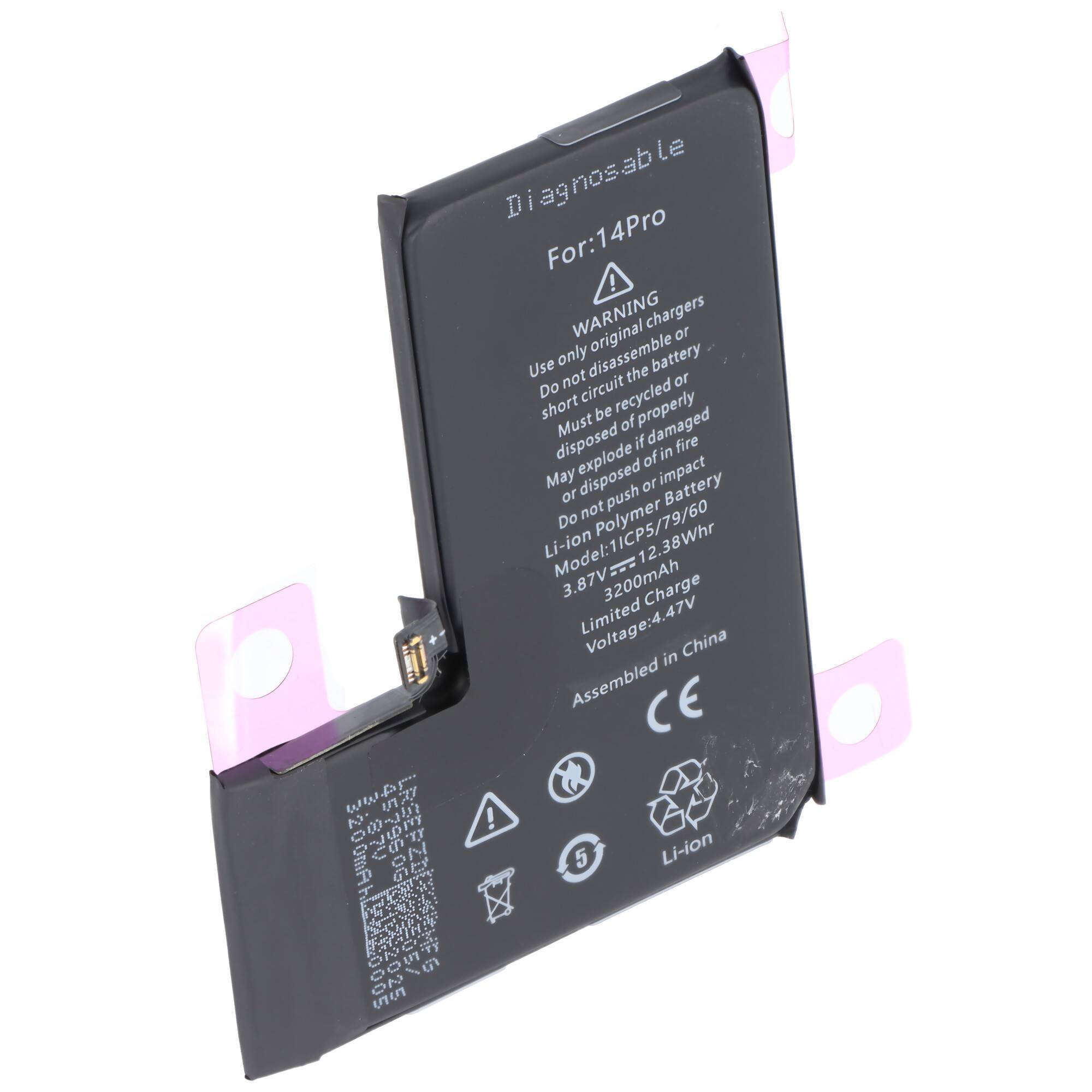 Li-Ionen-Batterie für 14Pro; 3,87 Volt; 3200mAh; Warnung nur für Original-Ladegeräte; in China montiert; schwarz mit Warnsymbolen.