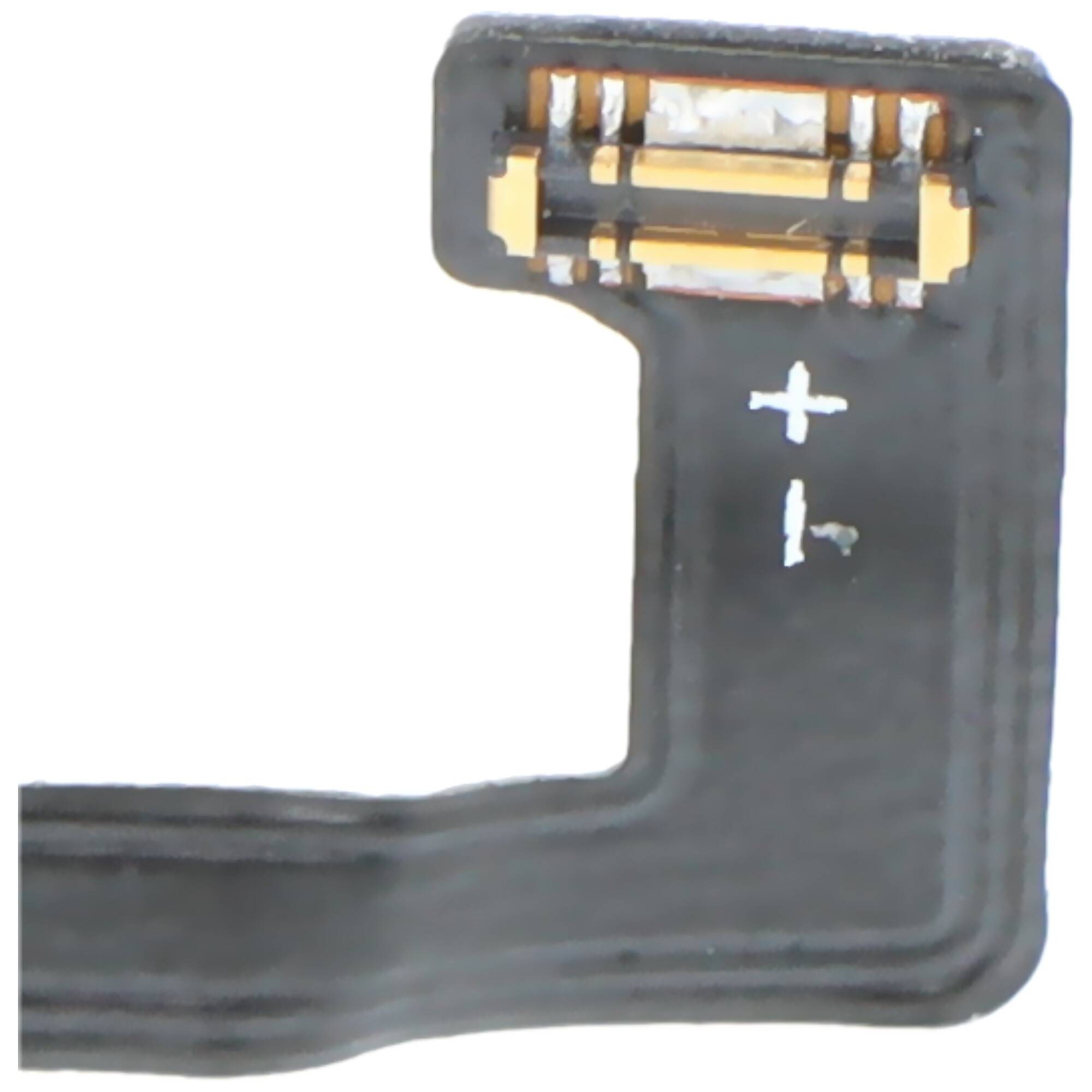 Eine Nahaufnahme eines schwarzen Kabels mit goldenen Steckern und einem weißen „+